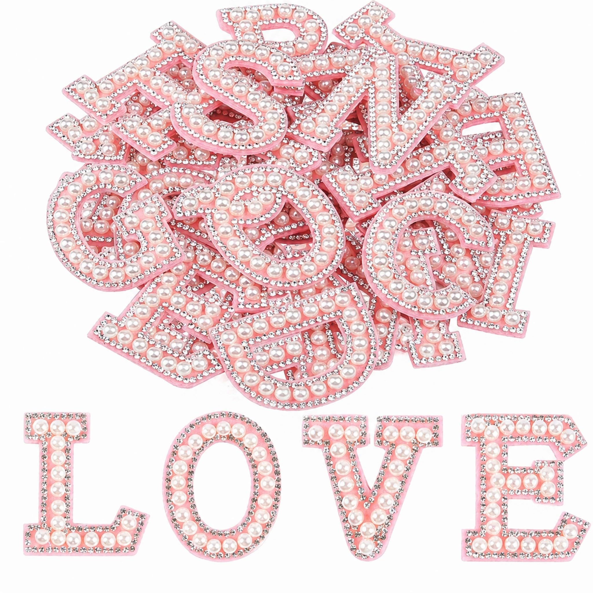 OZGUGU 52Pcs A-Z Pearl Rhinestone Alphabet Patches, Self-Adhesive Stick On Letter Appliques for Clothes, Backpack and Fabric Decoration