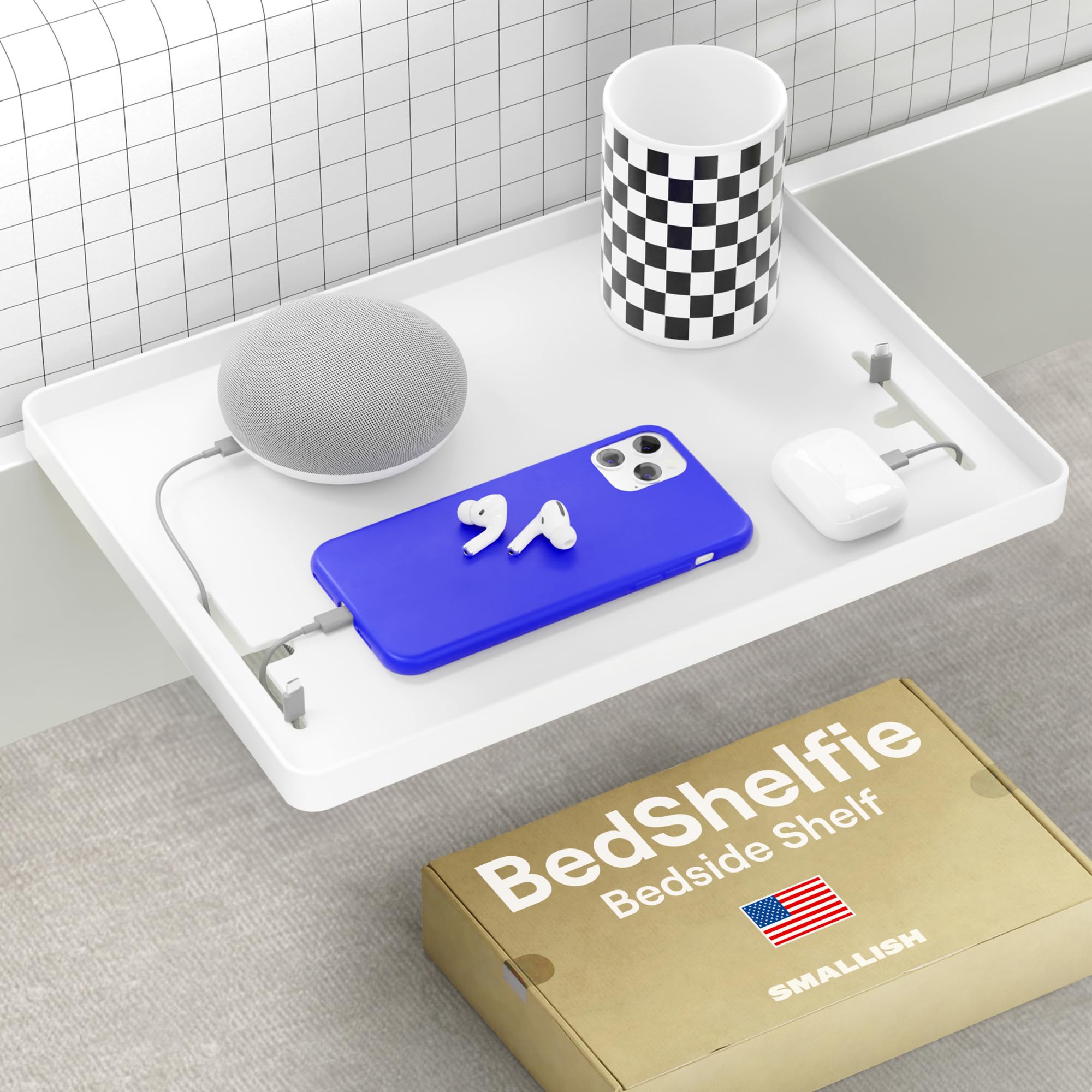 BedShelfie Półka nocna do akademika, łóżko piętrowe i górne łóżko, akademik uniwersytecki niezbędniki do przechowywania na biurko, wisząca taca biurkowa z klipsem