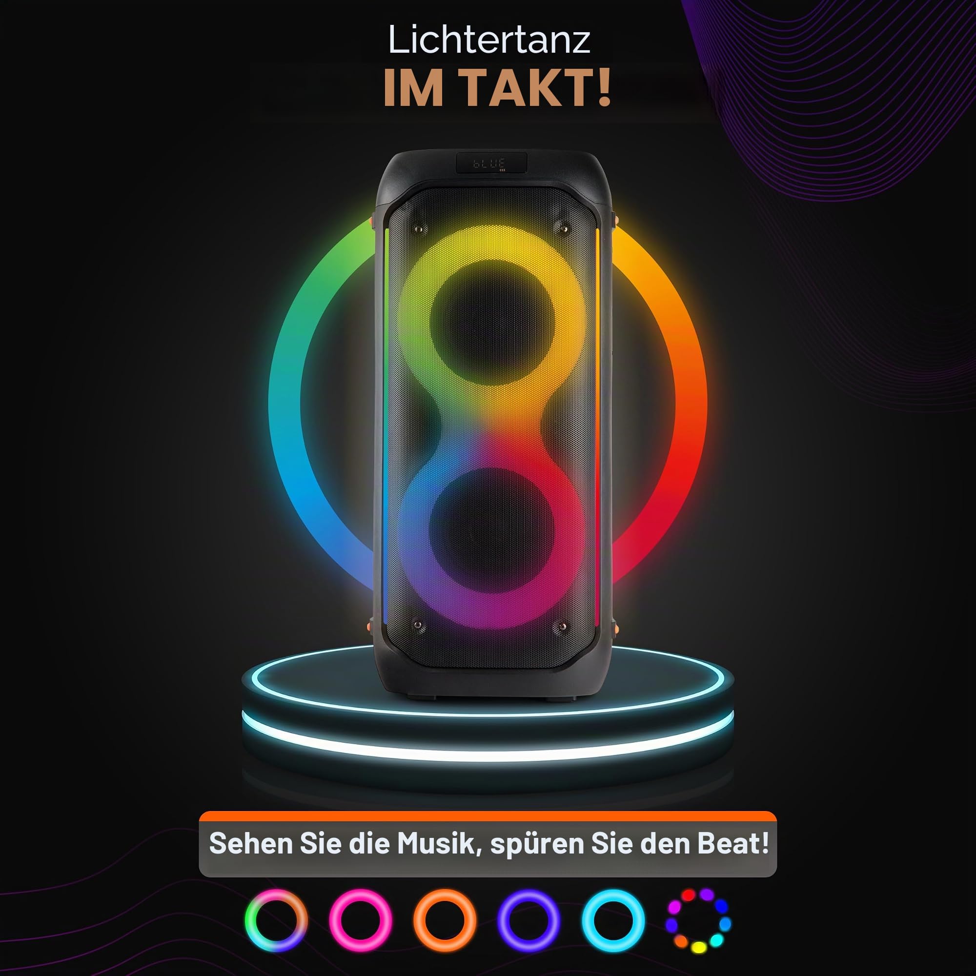 Pyle Bluetooth-Party-Lautsprecher 160W, Karaoke-System mit 2X 6,5", Mikrofon, Akku, USB/SD/FM/TWS, Partylichter & Tasche, 30x30x67 cm