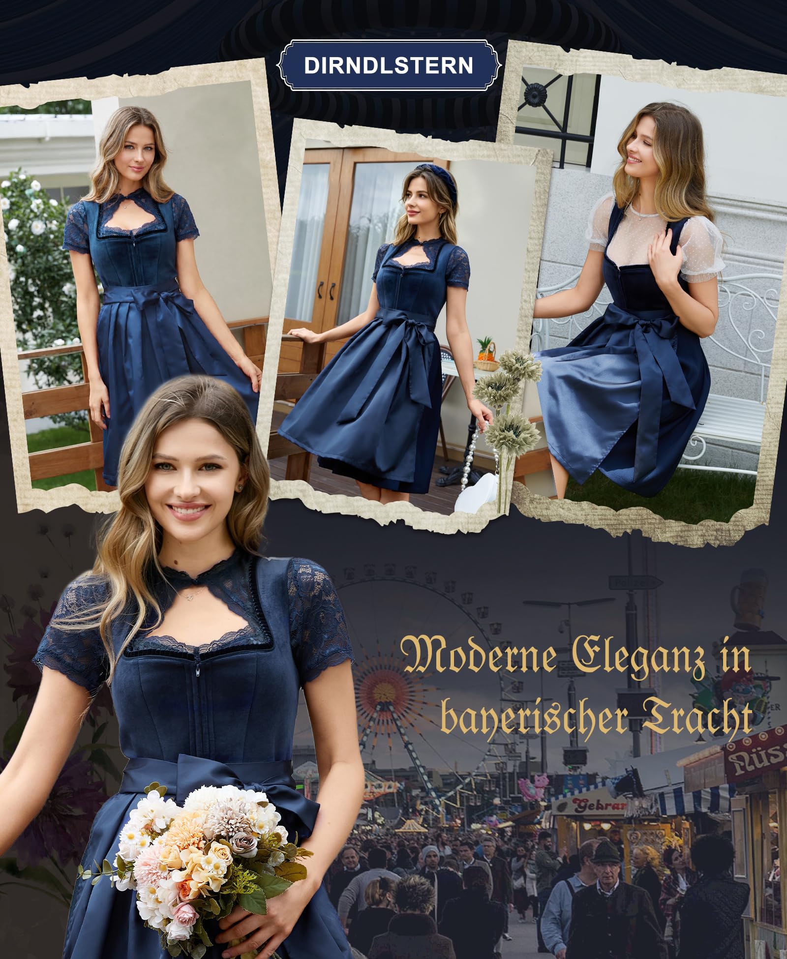 DIRNDLSTERN Damen Blau Trachtenkleid - Dirndlkleid Midi mit Dirndlschürze Trachtenmode Oktoberfest Outfit