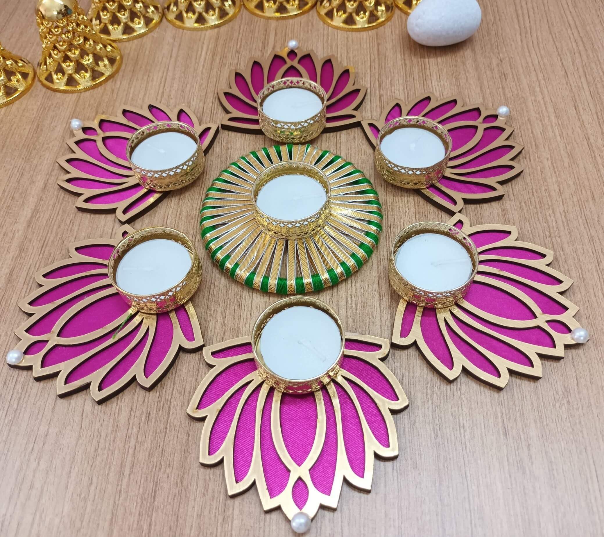 CREYENTES® Decorative Lotus Rangoli - Colorful Flower with Tealight Holder and Tealight Candles- for Festival, Corporate Gift, Diwali, Ganesh Chaturthi, Laxmi Pooja (6 Pink Lotus + Green Ring) (B0CCJK4YGV) Amazon Price History, Amazon Price Tracker