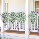 Artificial Flowers for Outdoors,8PCS Hanging Outdoor Faux Plants,UV Resistant Fake Flowers for Outdoor Planters,Realistic Fake Plants Spring Decor for Porch,Patio,Yard (PurpleWhite)