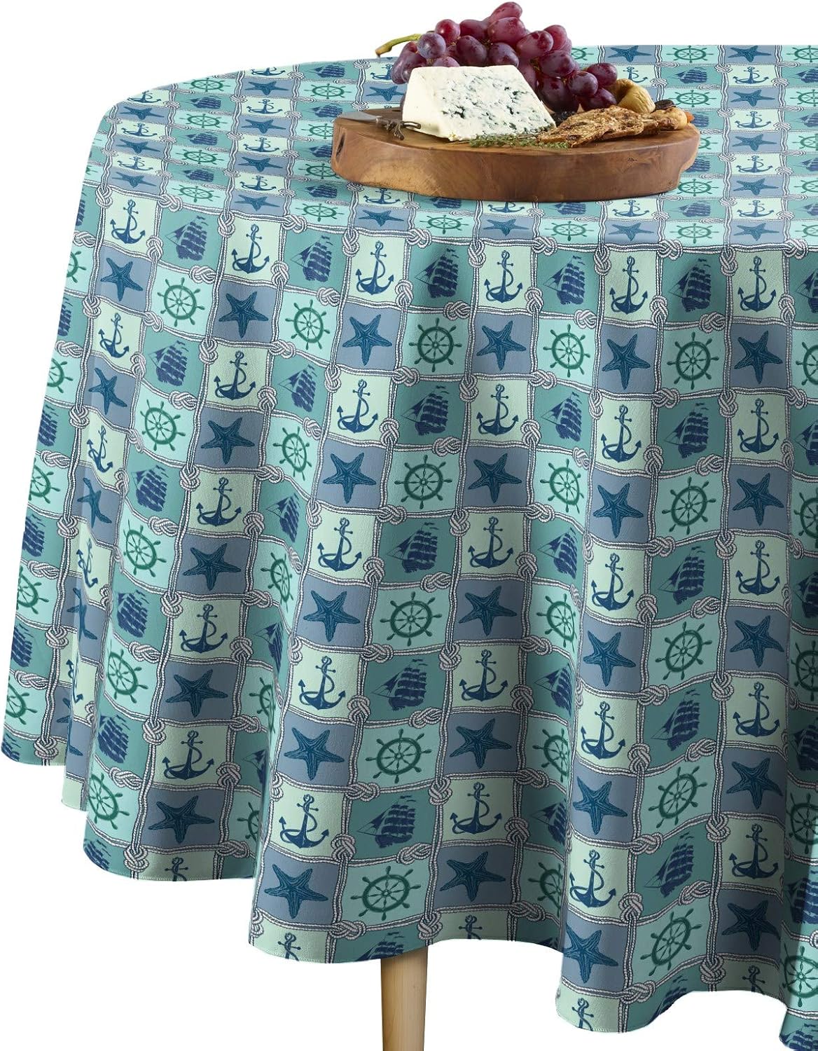 Fabric Textile Products Round Tablecloth, 100% Milliken Polyester, Machine Washable, 90" Round, Nautical Patches
