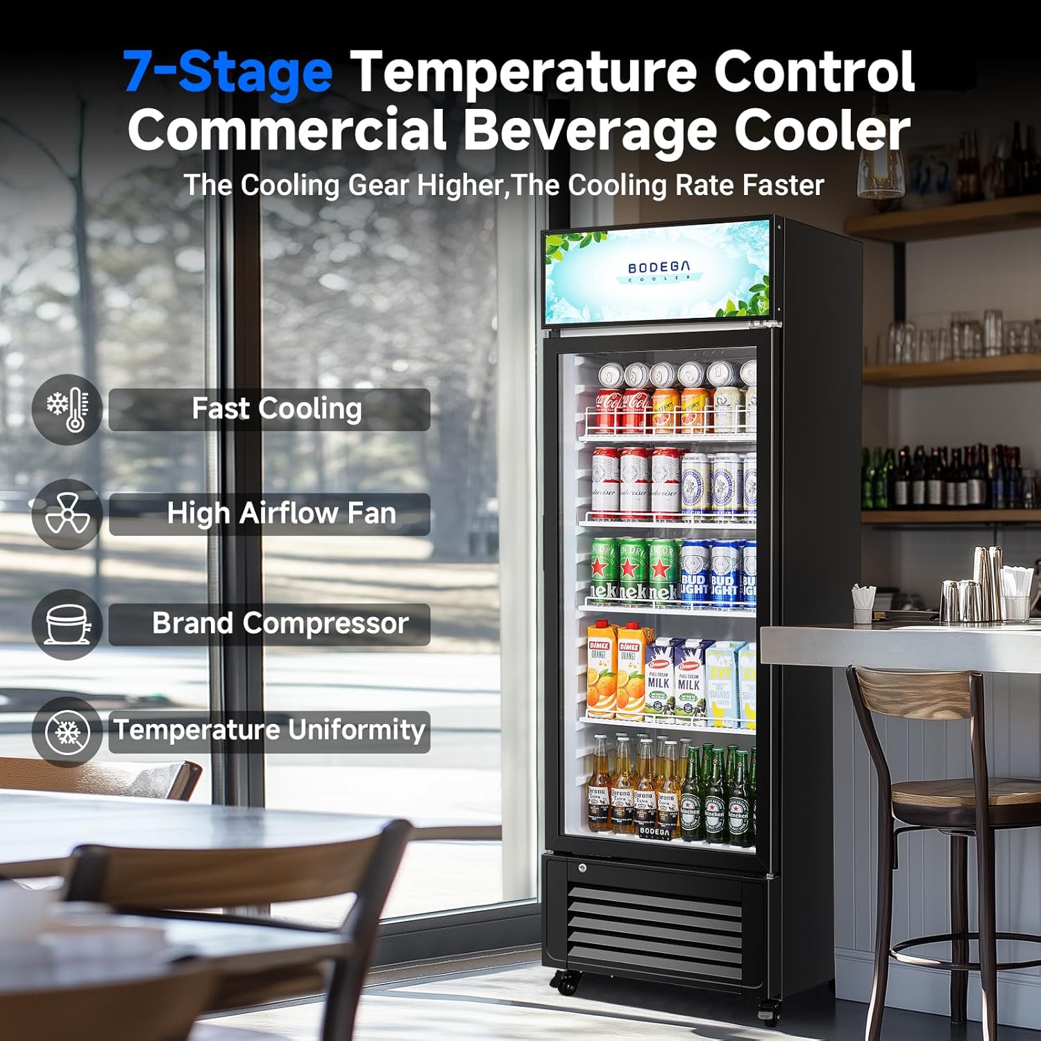 BODEGACOOLER Beverage Refrigerator, 321L/339 Qt Commercial Refrigerator For Kitchen, Home,Office and Garage, 300 Cans & 160 Bottles Display Refrigerator For Beer,Soda, Bar Cooler with Soft LED Light.