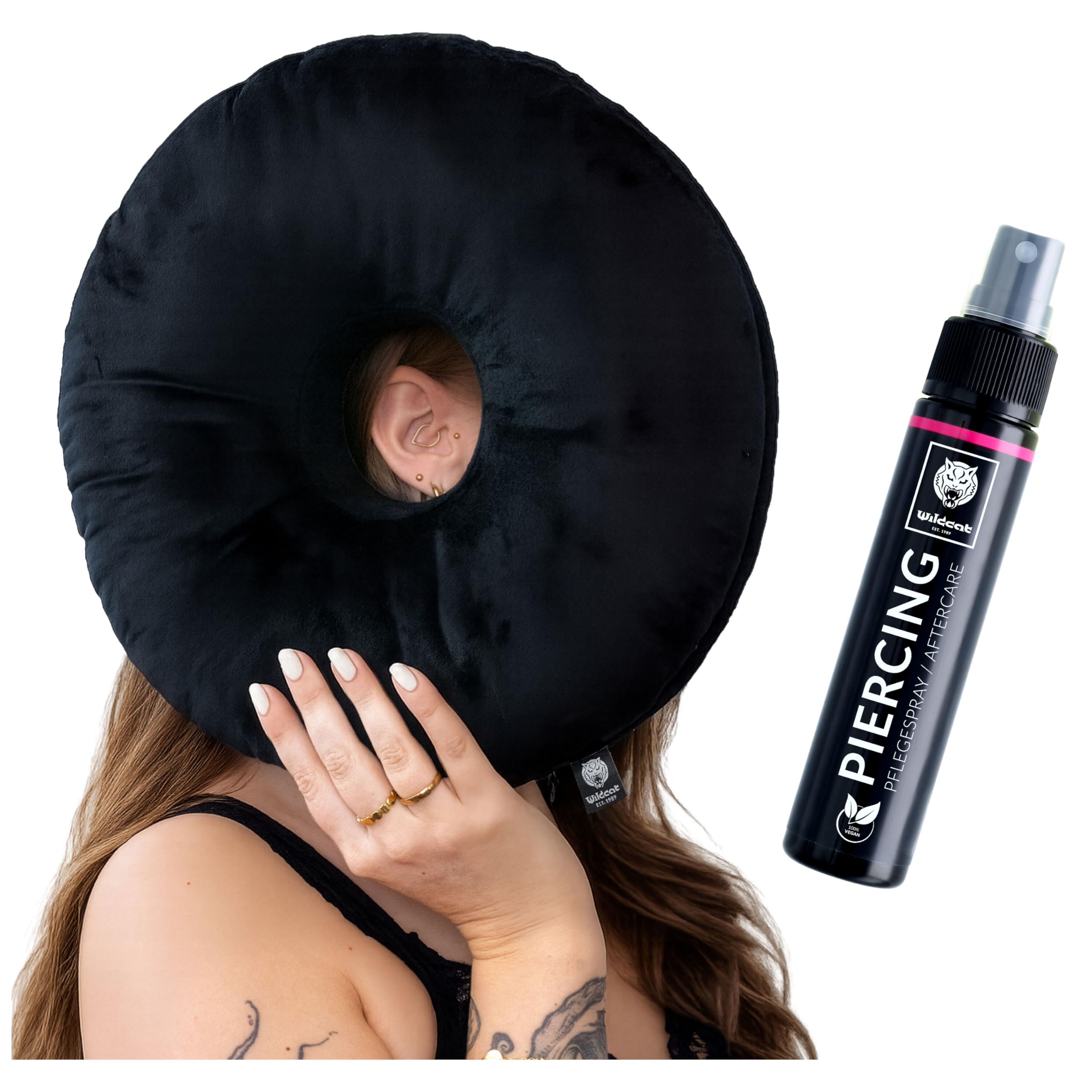 Wildcat Piercingspray 50ml & Piercingkissen im Set – Aftercare & Pflege für frische Piercings – unterstützt die Abheilung, pflegt die Haut, schützt Piercings - Kissen mit Loch & Pflegespray