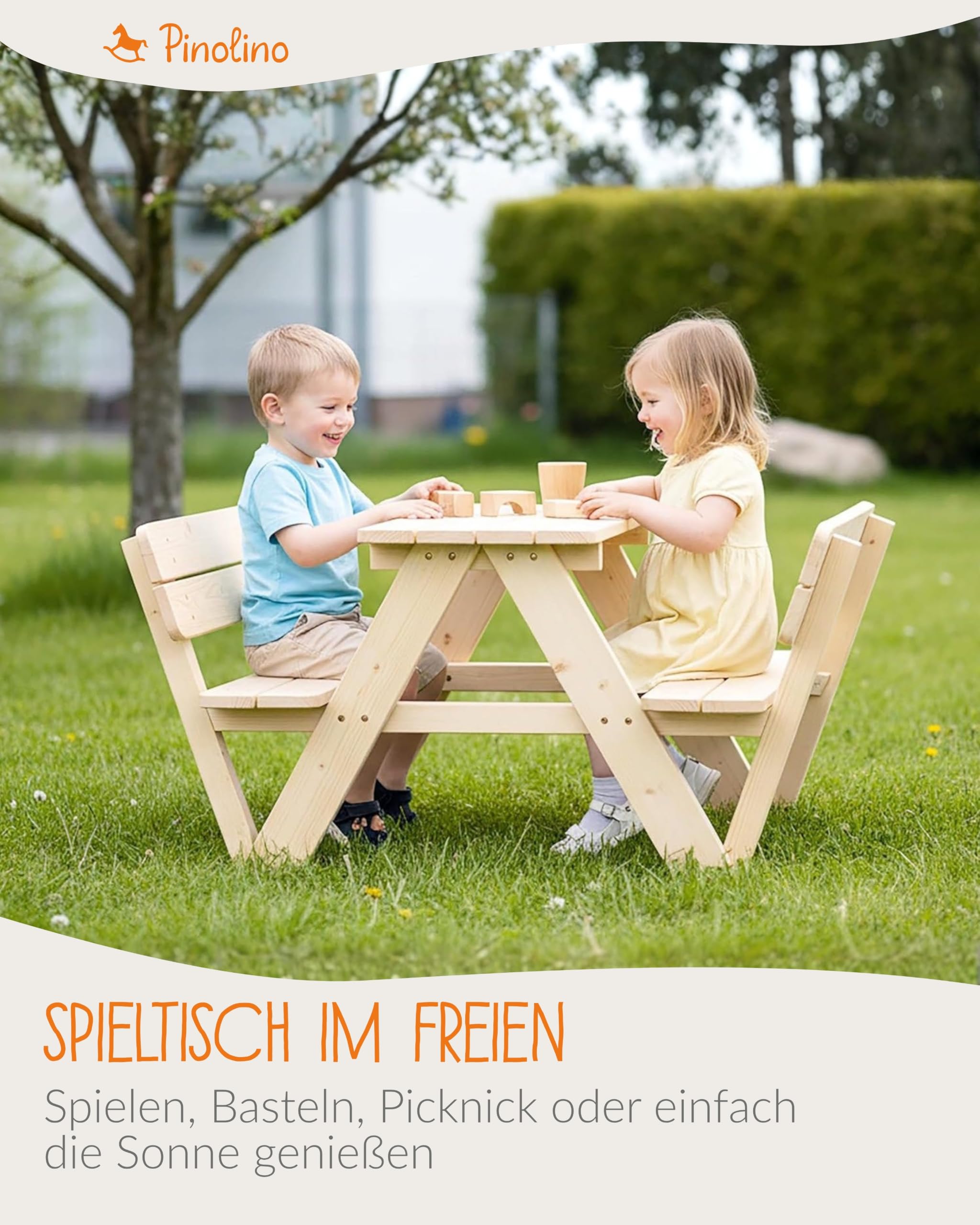 PINOLINO Nicki 4er Kindersitzgruppe mit Lehne aus Massivholz I Kinder Picknicktisch für Garten & Outdoor I Spieltisch mit Rückenlehnen für 4 Kinder I 90 x 105 x 51 cm