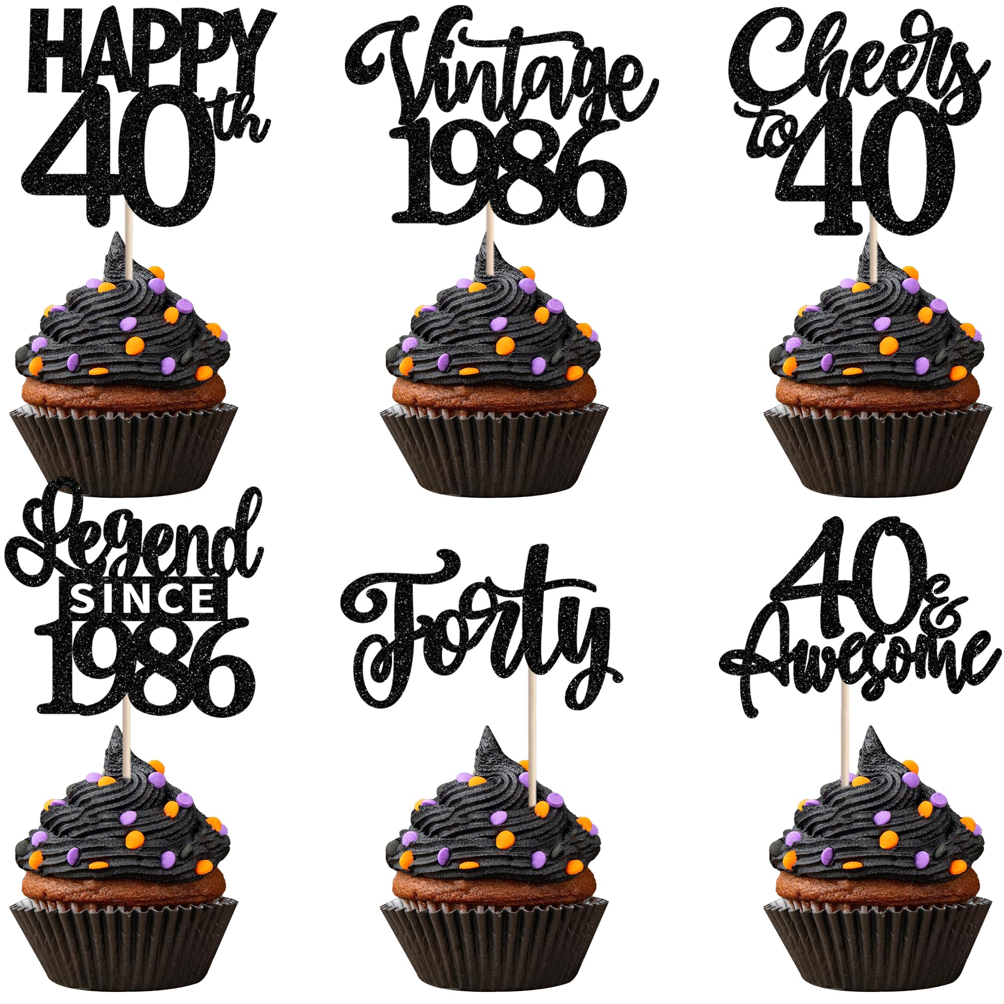 24PCS Black Happy 40th Birthday Cupcake Toppers Forty Vintage 1986 Cupcake Picks Cheers to 40 Lengend Since 1986 Cake Decorations for 40th Birthday