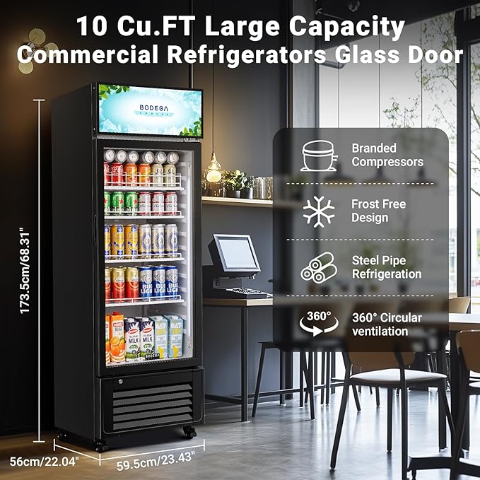 BODEGACOOLER Commercial Beverage Refrigerator and Cooler, 10.0 Cu.Ft Commercial Merchandiser Refrigerator with Soft LED Light, Commercial Fridge, Display Refrigerator with 240 cans & 120 bottles.