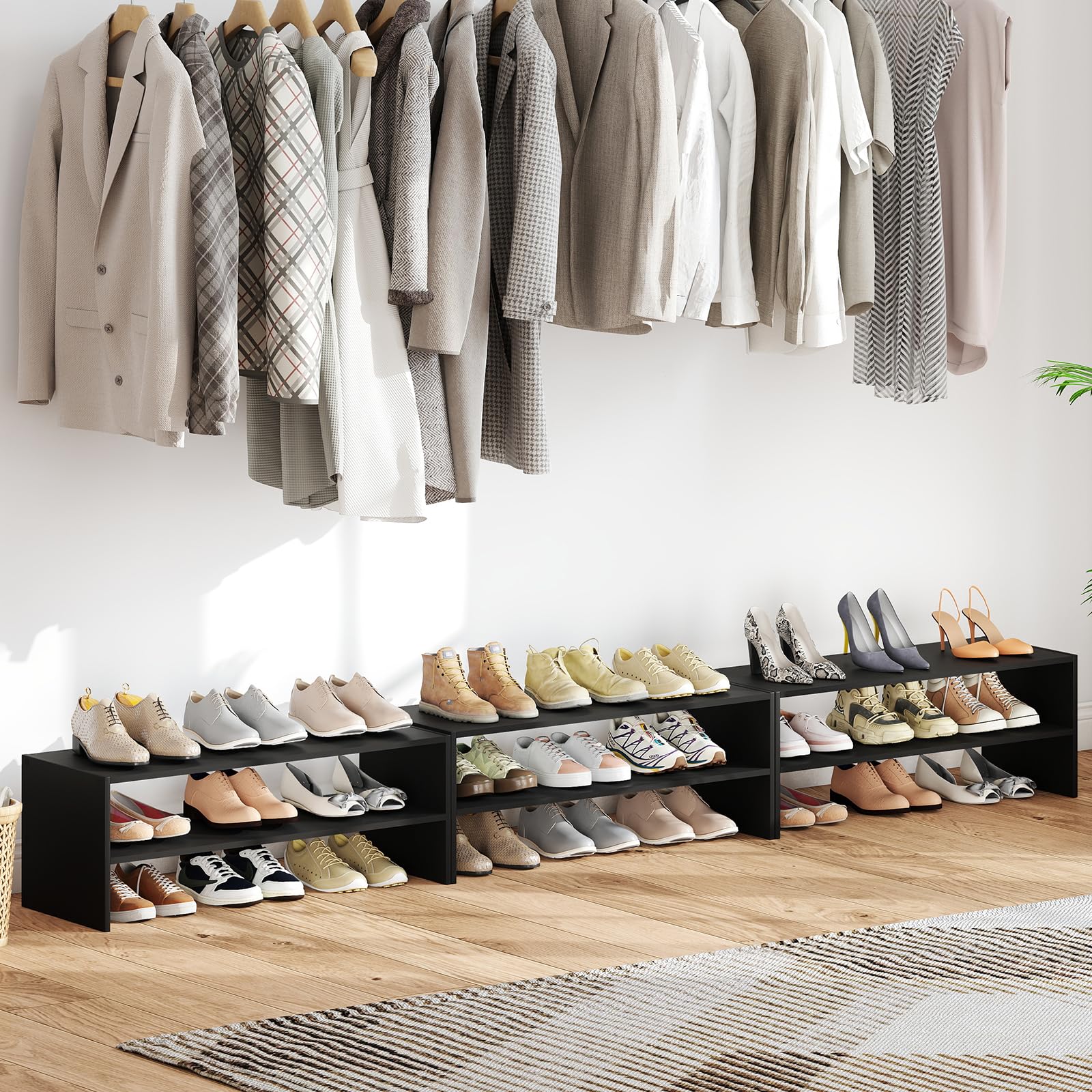 COSTWAY Schuhregal stapelbar Holz, Schuhorganizer Freikombination (Schwarz) | 6 stufiges Holzschuhregal mit Anti-Kipp-Vorrichtung, Moderner Schuhturm freistehend für Schlafzimmer, Flur, Eingangsbereich