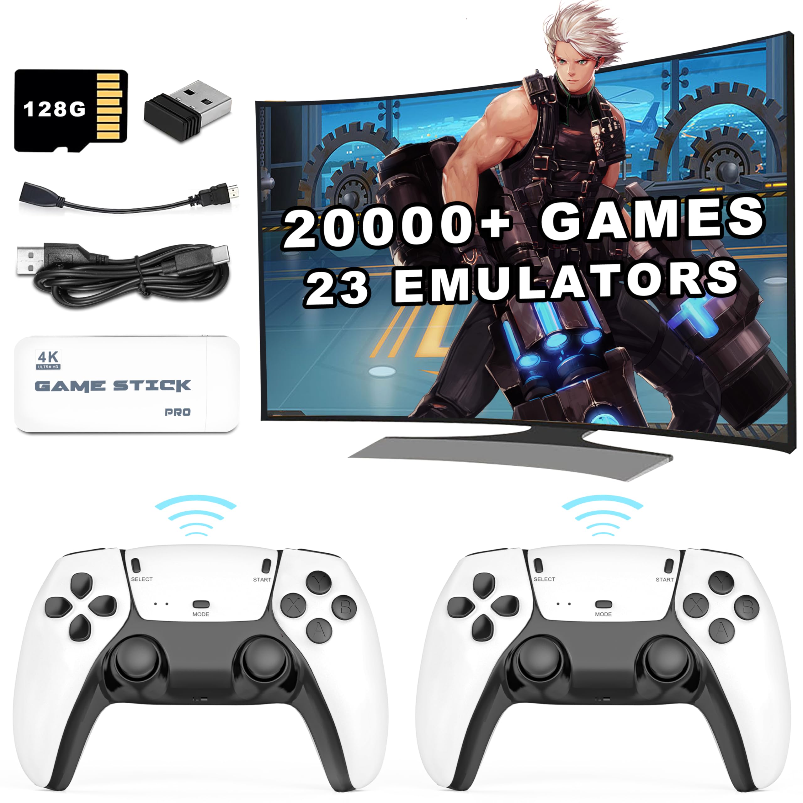 20000+ Games Wireless Retro Game Stick, Vintage Game Stick HD Output System Built in 23 Emulators Plug and Play Video Game Consoles with 2.4G Wireless Controllers,64GB TF Card for All of Ages