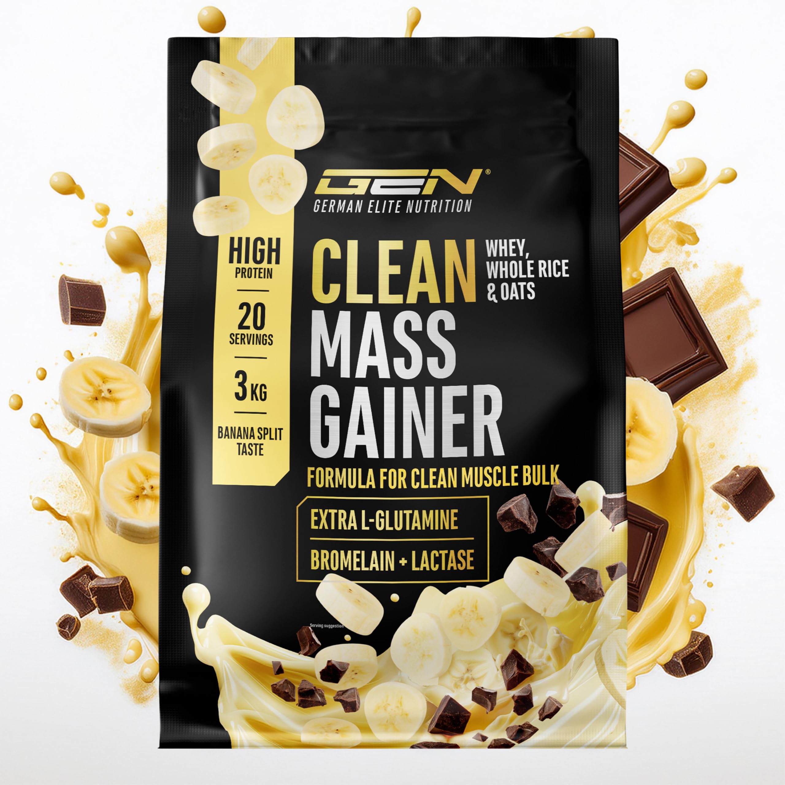 GEN GERMAN ELITE NUTRITION Clean Weight Gainer - 3 kg | Saveur Banana Split - Pour la Prise de Masse et de Poids - Glucides & Protéines - Végétarien
