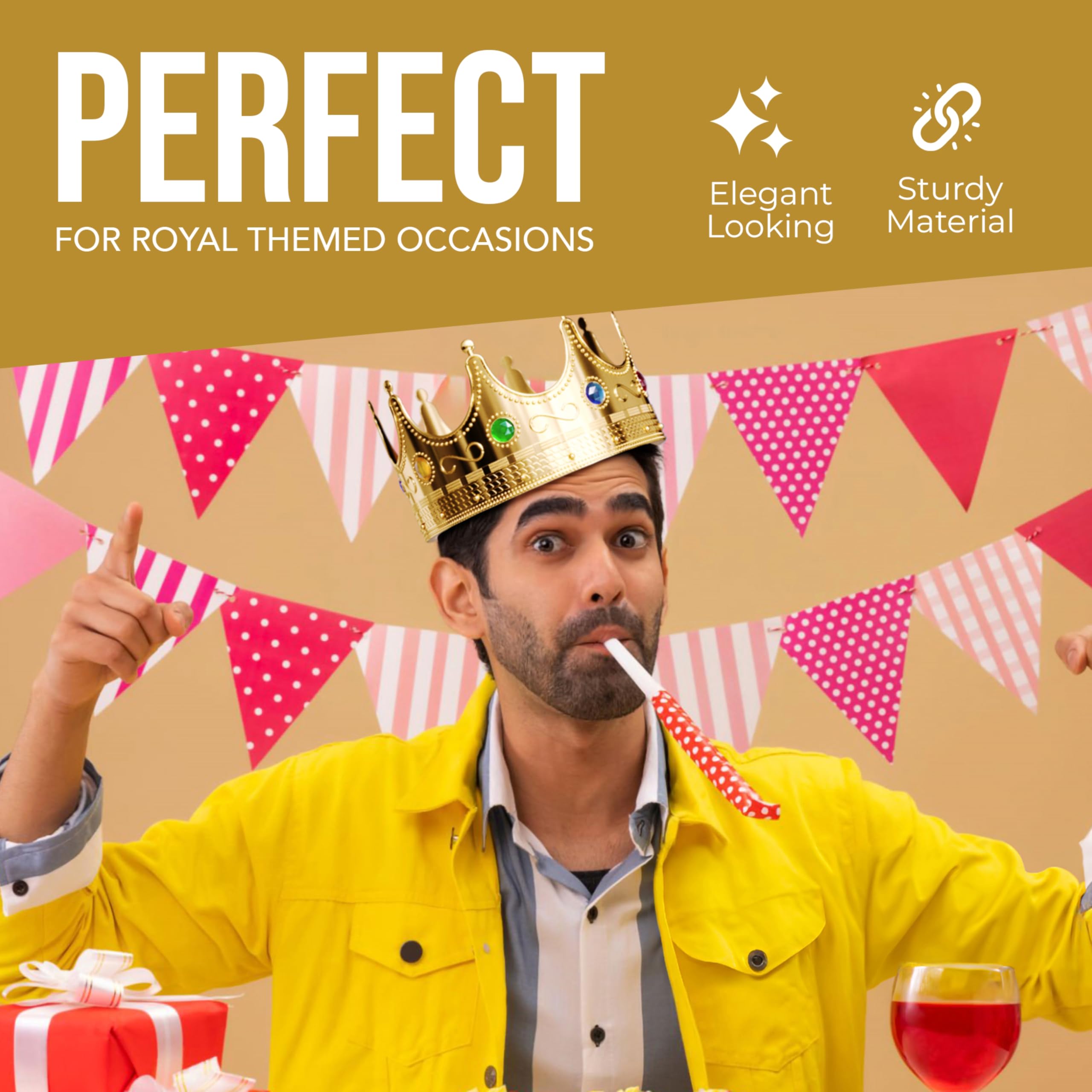 Gold Crown Display Royal Queen and King Crown Luxurious Royal Crowns for Women and Men - 0.75" x 8" Perfect for Parties Prom King Regal Decor & Crowns for Kids Royalty Themed Events