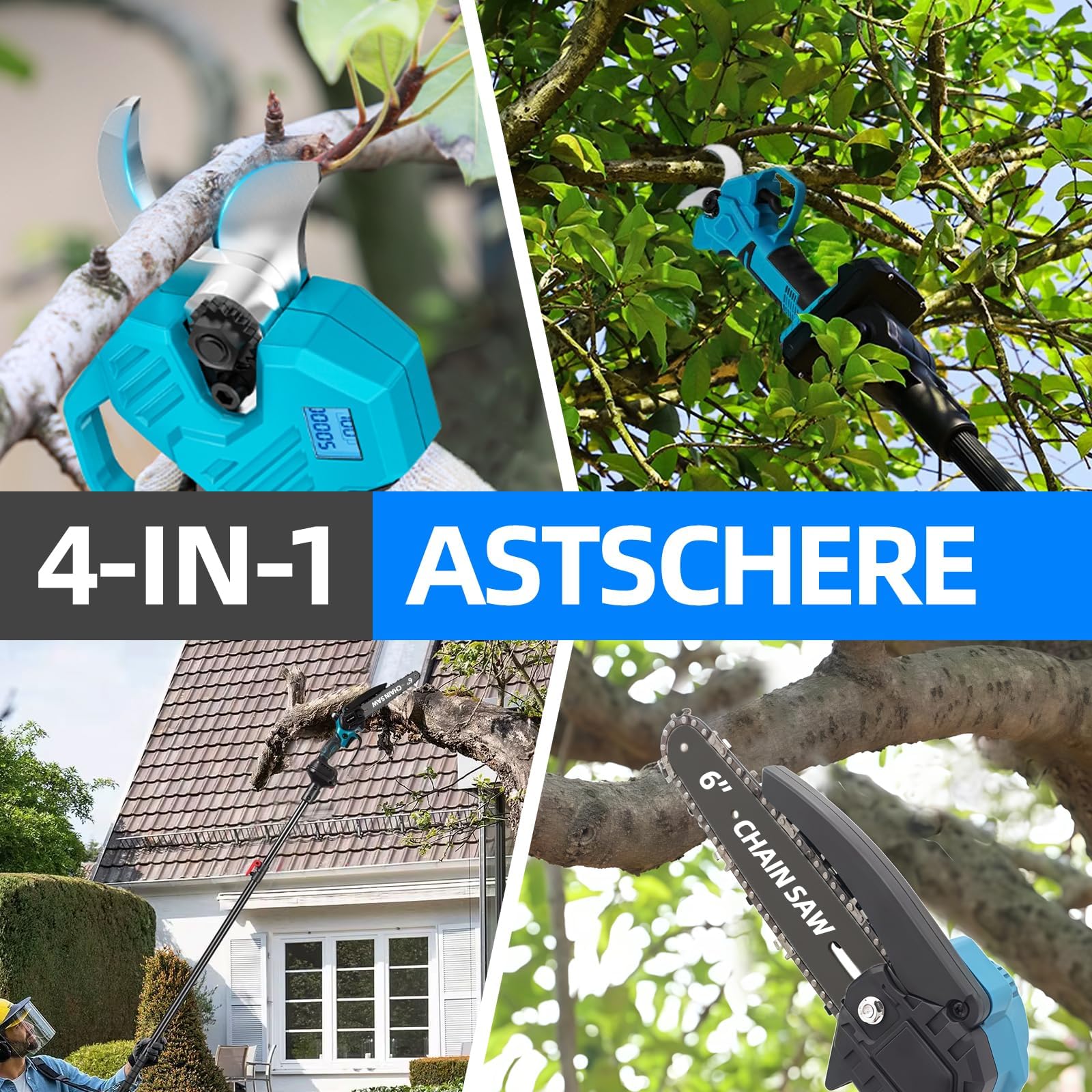Batterie 4 en 1 - Mini tronçonneuse de 15,2 cm avec télescopique de 2,5 m + sécateur électrique de 35 mm, hauteur de travail jusqu'à 4,6 m, avec 2 piles de 21 V incluses - Idéal pour l'entretien des