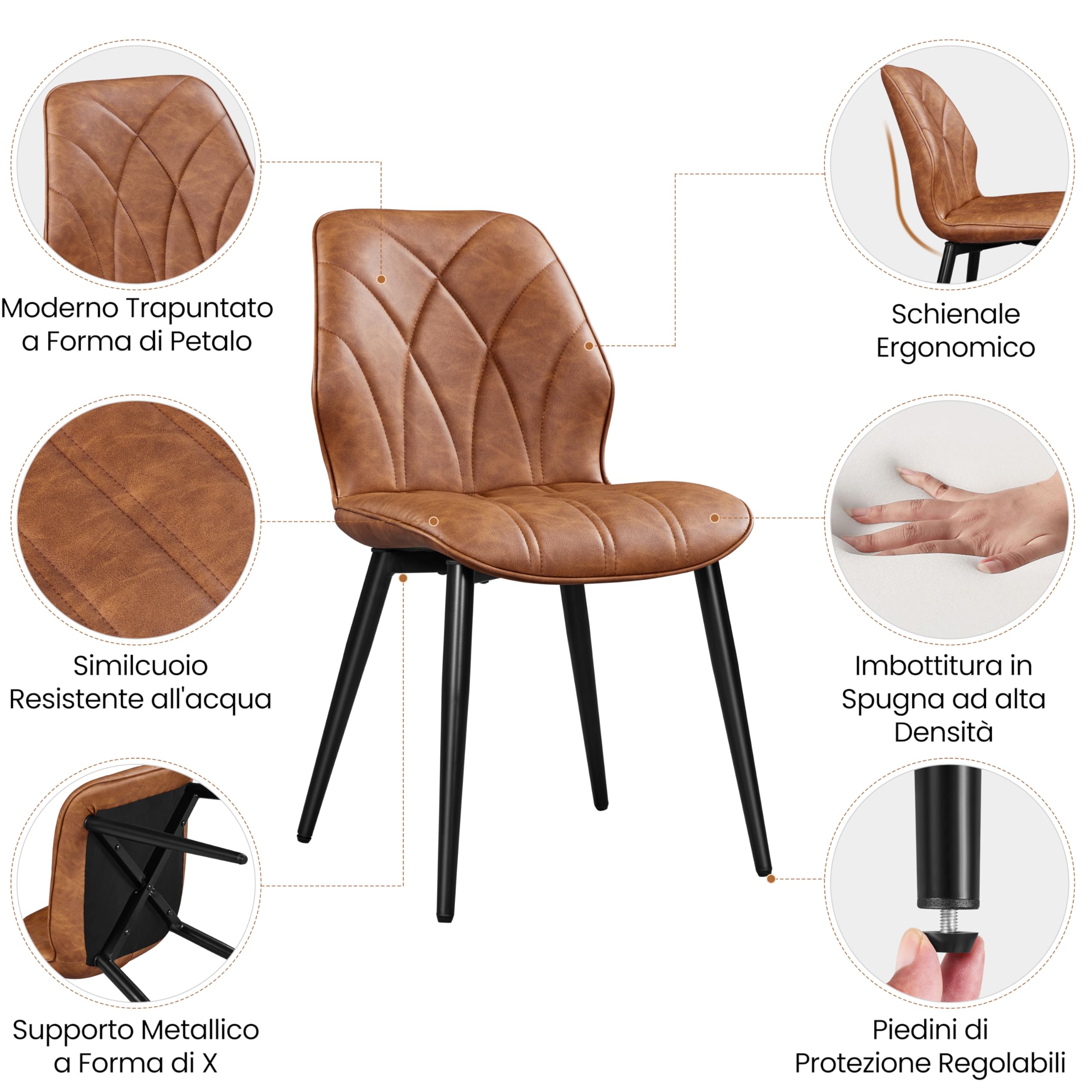 Yaheetech Set 2 Sedie Sala da Pranzo Moderne Imbottite in Ecopelle Eleganti con Schienale Ergonomico Gambe Telaio in Metallo Portata 136 kg Marrone Retro