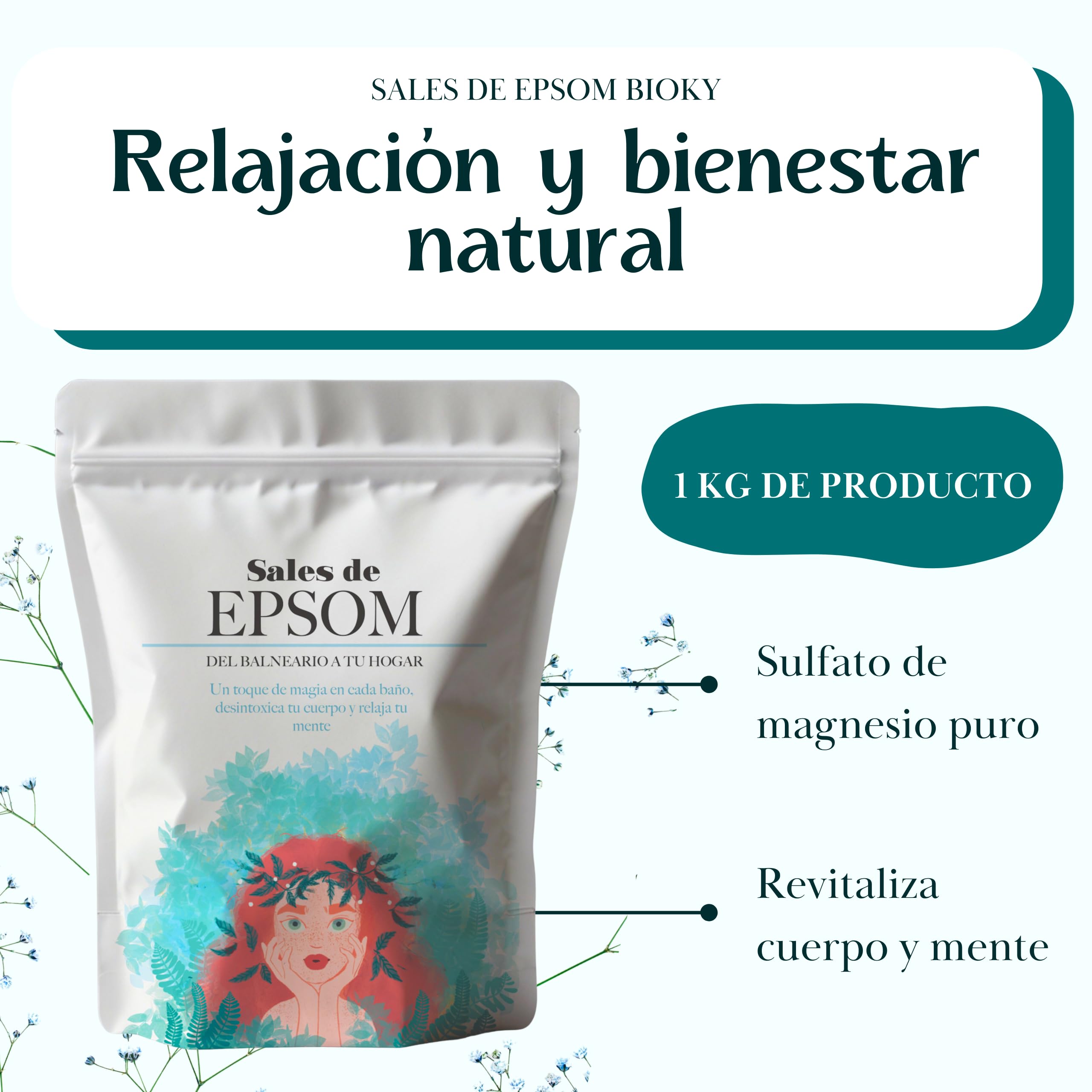 Magnesio para Baño y Pies Sales de Epsom 1kg Bienestar Relajación Muscular Revitalizante Sin Aditivos