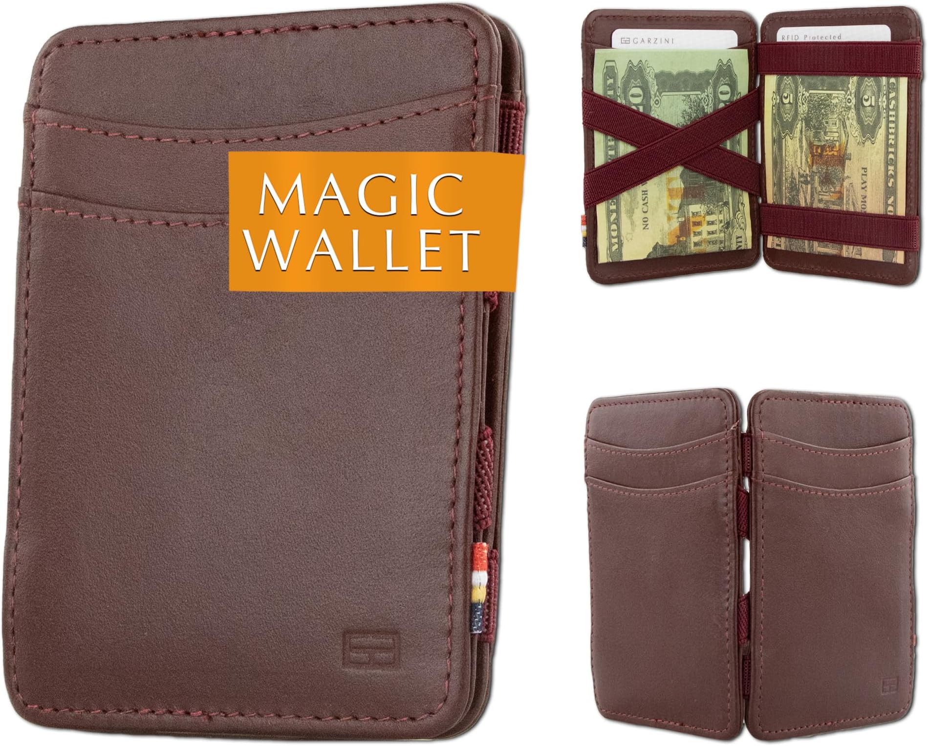 Magic Wallet for Men | Slim Leather Wallet with RFID Blocking | Minimalist Front Pocket Wallet | Holds 8 Cards + Cash | Handcrafted Gift-Ready Design, Burgundy