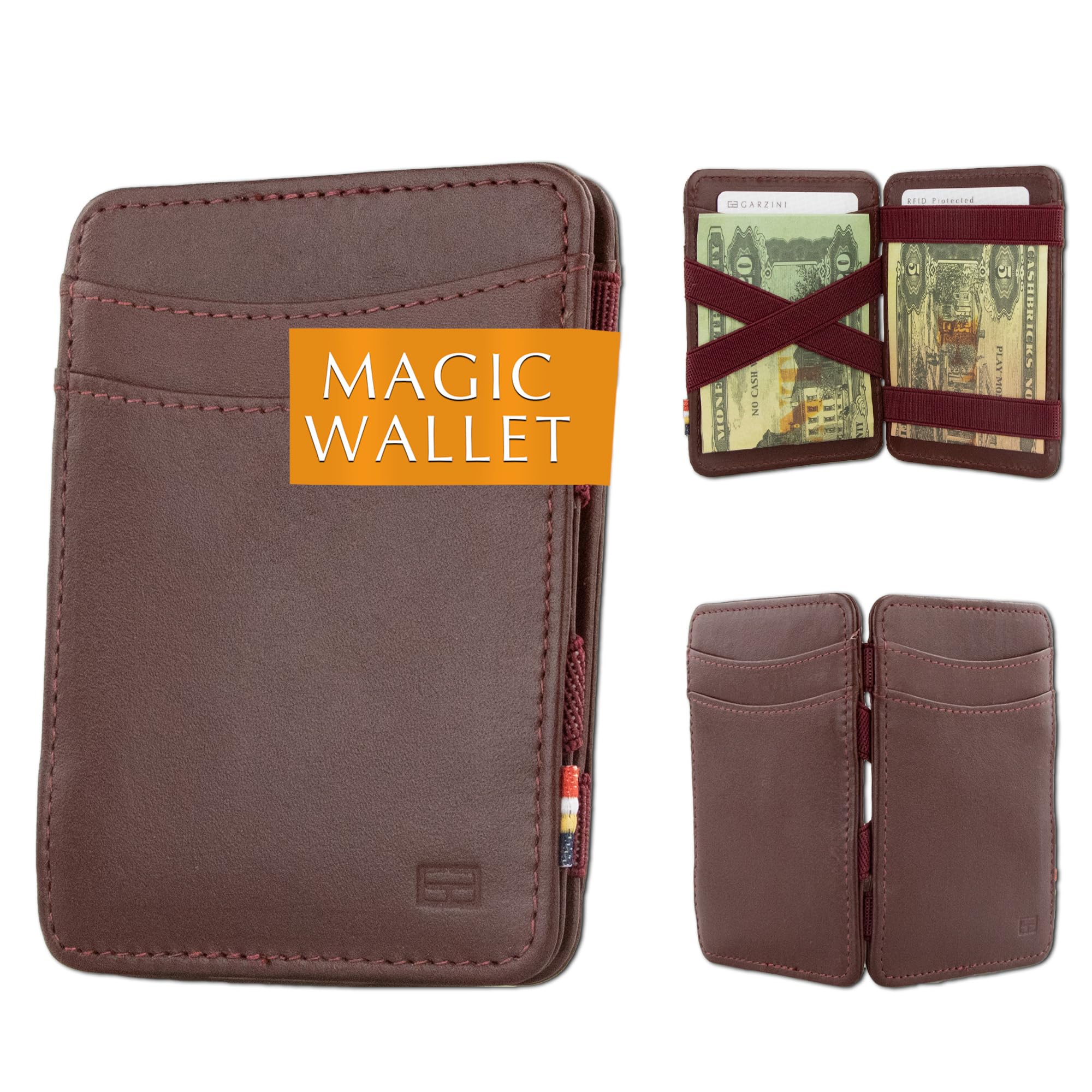 GARZINI Magic Wallet, Minimalist Wallet for Men with RFID card holder, Leather Wallet for 8 cards, Burgundy