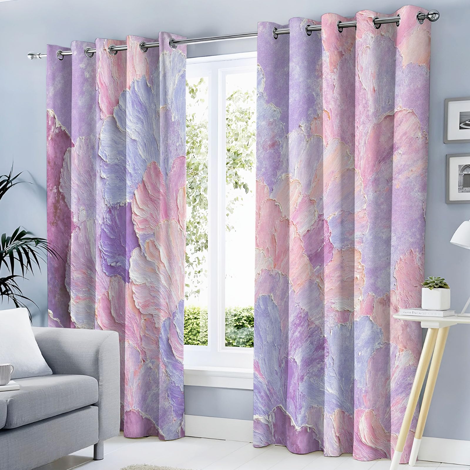 Rideau Occultant Salon Pétales Abstraits 3D, Rideaux Motif Texture De Peinture À l'huile avec Oeillets 2 Panneaux Rideaux Occultant Thermiques Opaque pour Fenetre Chambre, 117X137 Cm, Poudre Blush
