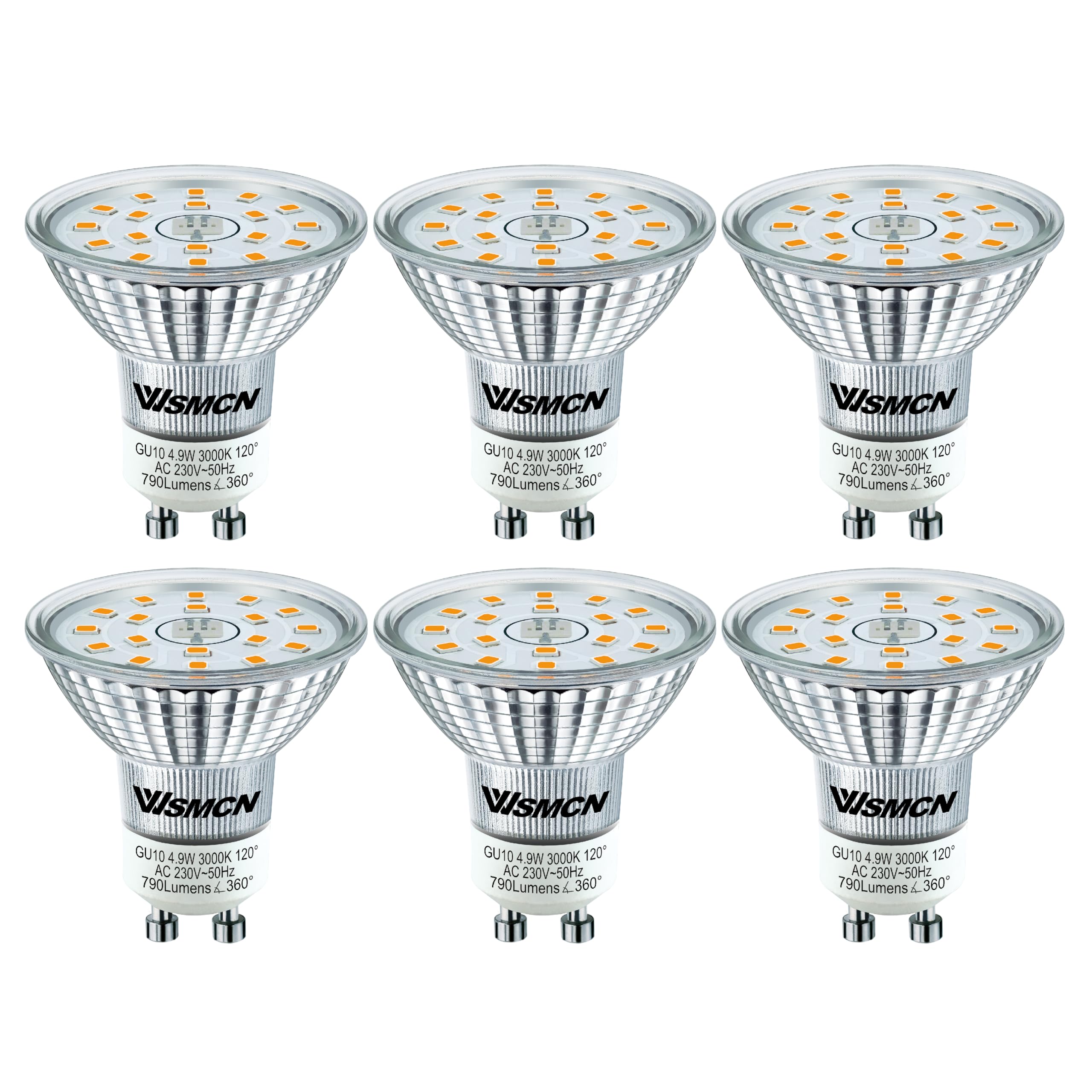 WSMCN GU10 LED Warm White Energy Class C Bulb, 4.9W Replaces 100W Halogen Bulb, Reflector Bulb 790 Lumens 3000K, AC 230V Flicker-Free Spotlight, 120° Beam Angle, Non-Dimmable, Pack of 6