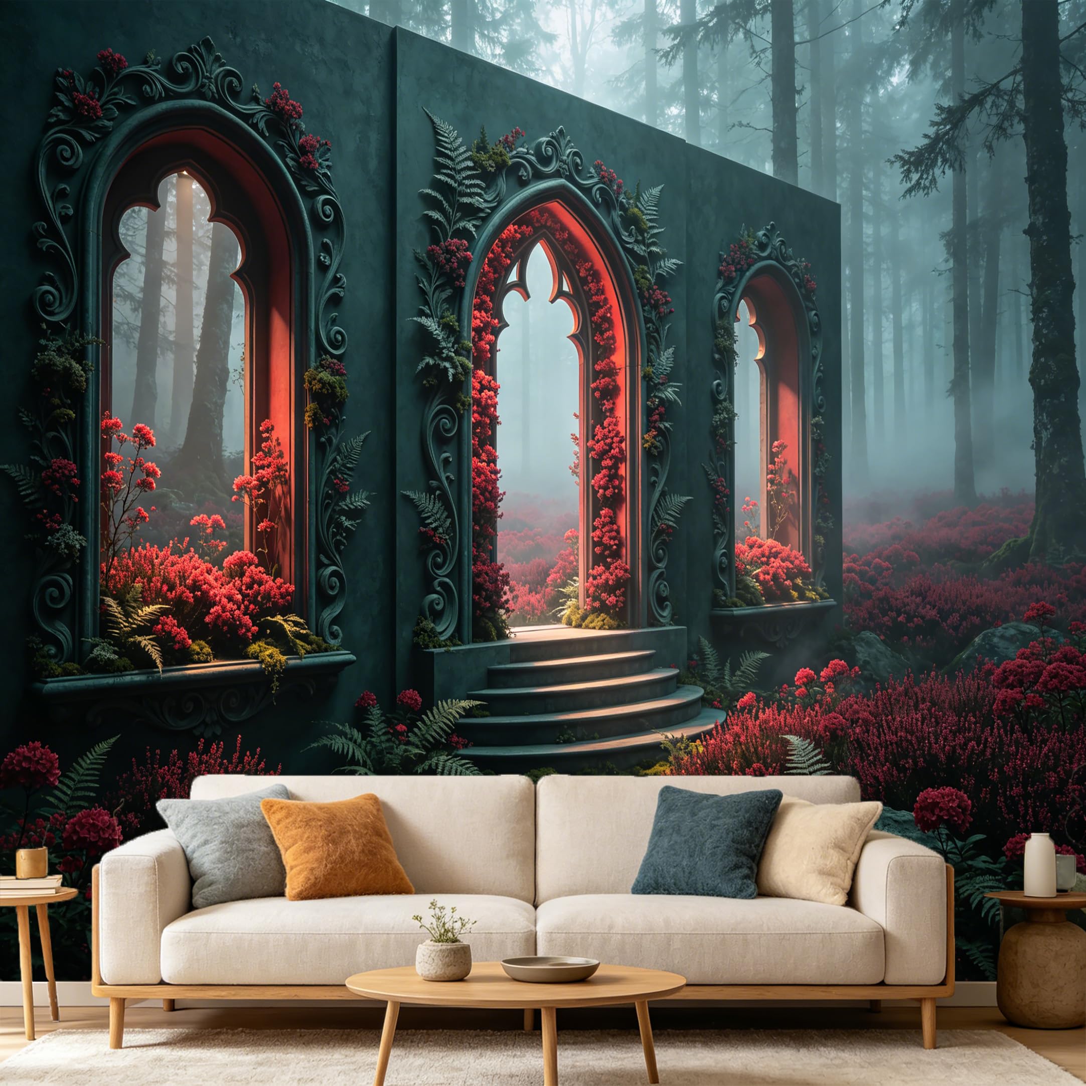 Custom Size Wall Mural， Gothic Archway Red Floral Forest， 3D Misty Landscape， SelfAdhesive Art Prints wall Fabric Removable Large Wallpaper Home Living Room Decor