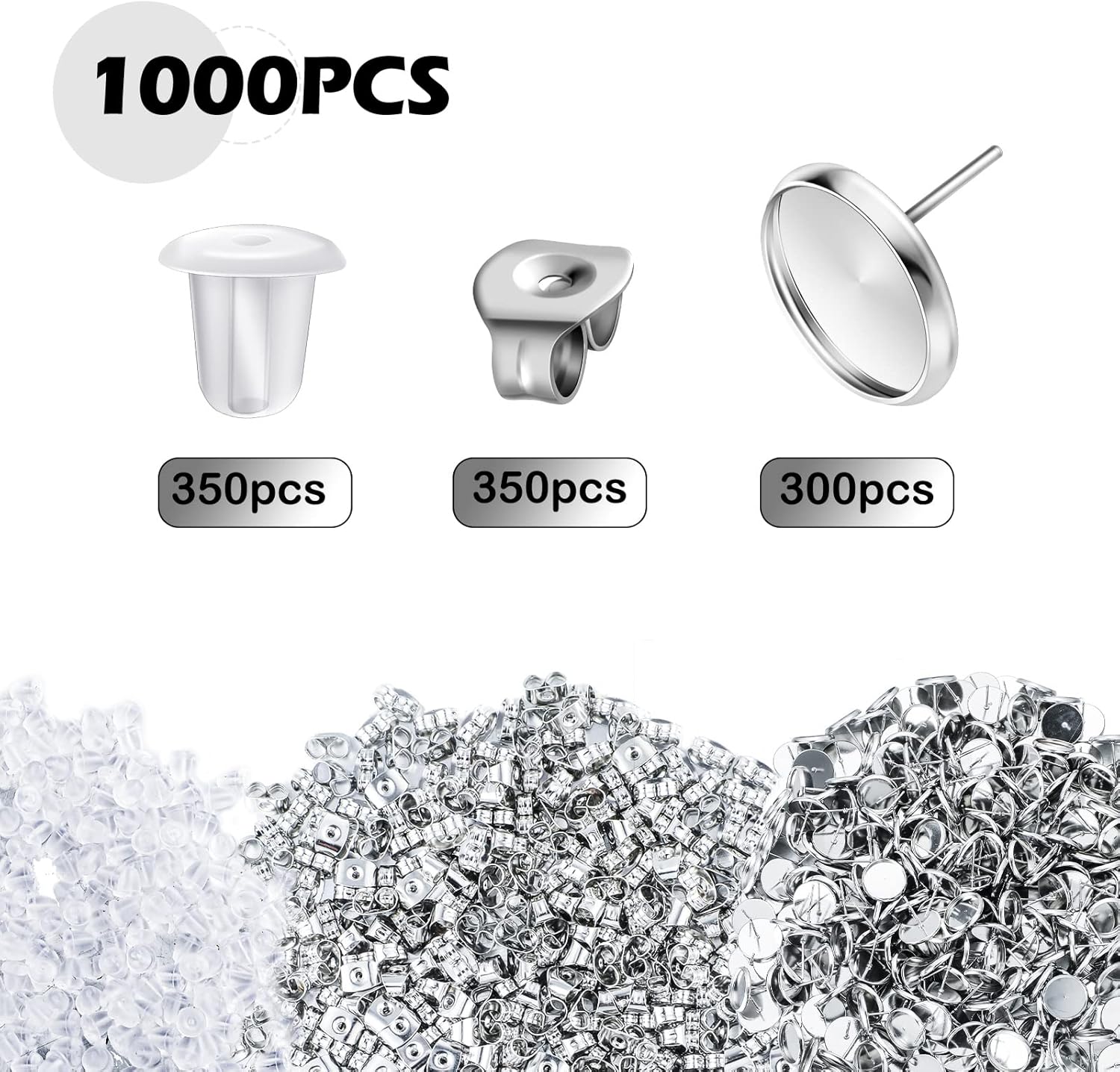 Sureio 1000 Pieces Stud Earring Kit Include 300 12 mm Stud Earrings Blanks Cabochon Bezel Settings, 350 Rubber Post Backs and 350 Stainless Steel Ear Backs for Jewelry Making(Silver) - Image 2