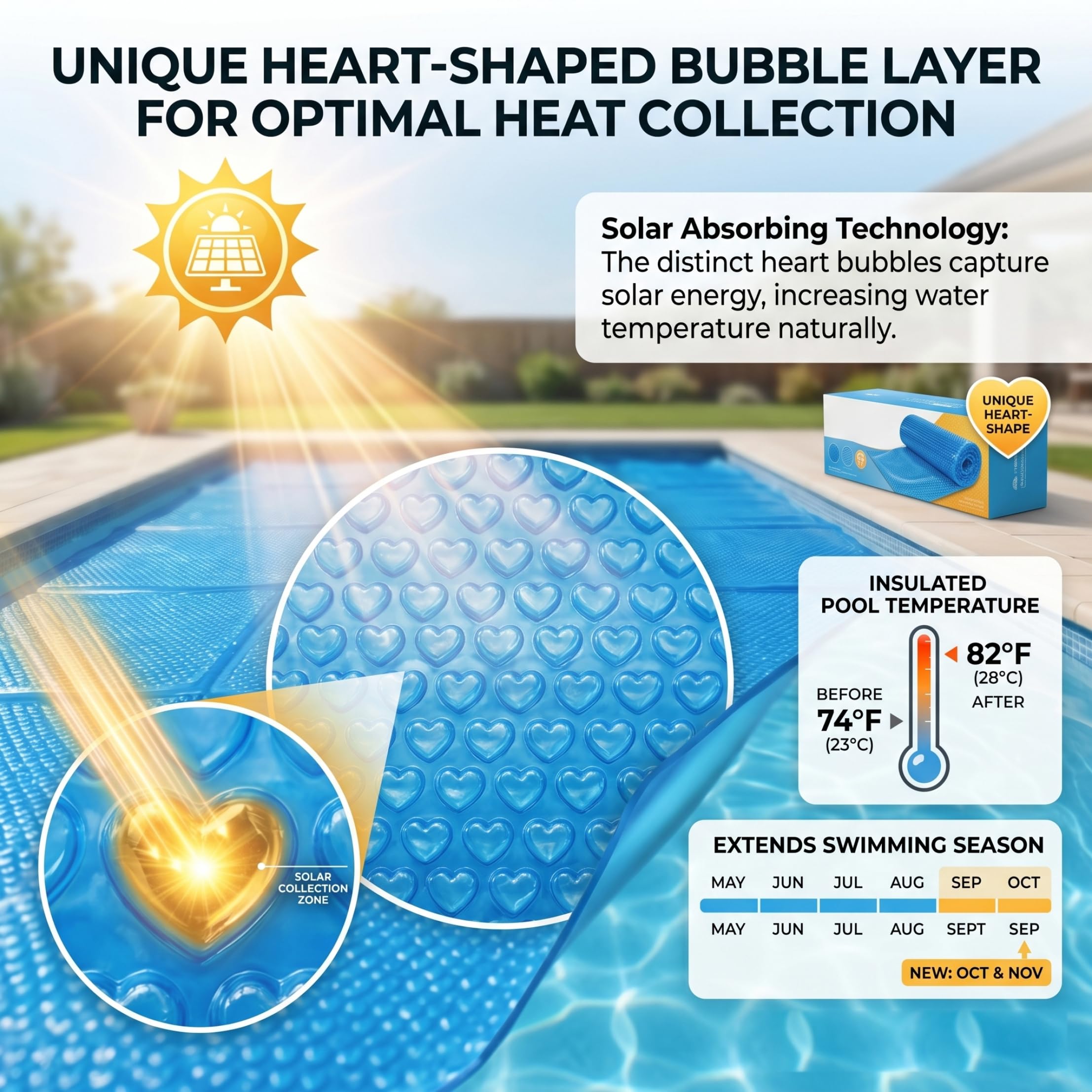 Cubierta Solar para Piscina elevada, Cubiertas solares rectangulares para Piscinas, Manta de PE de Burbujas en Forma de corazón para Piscina subterránea o elevada, 300x200 cm
