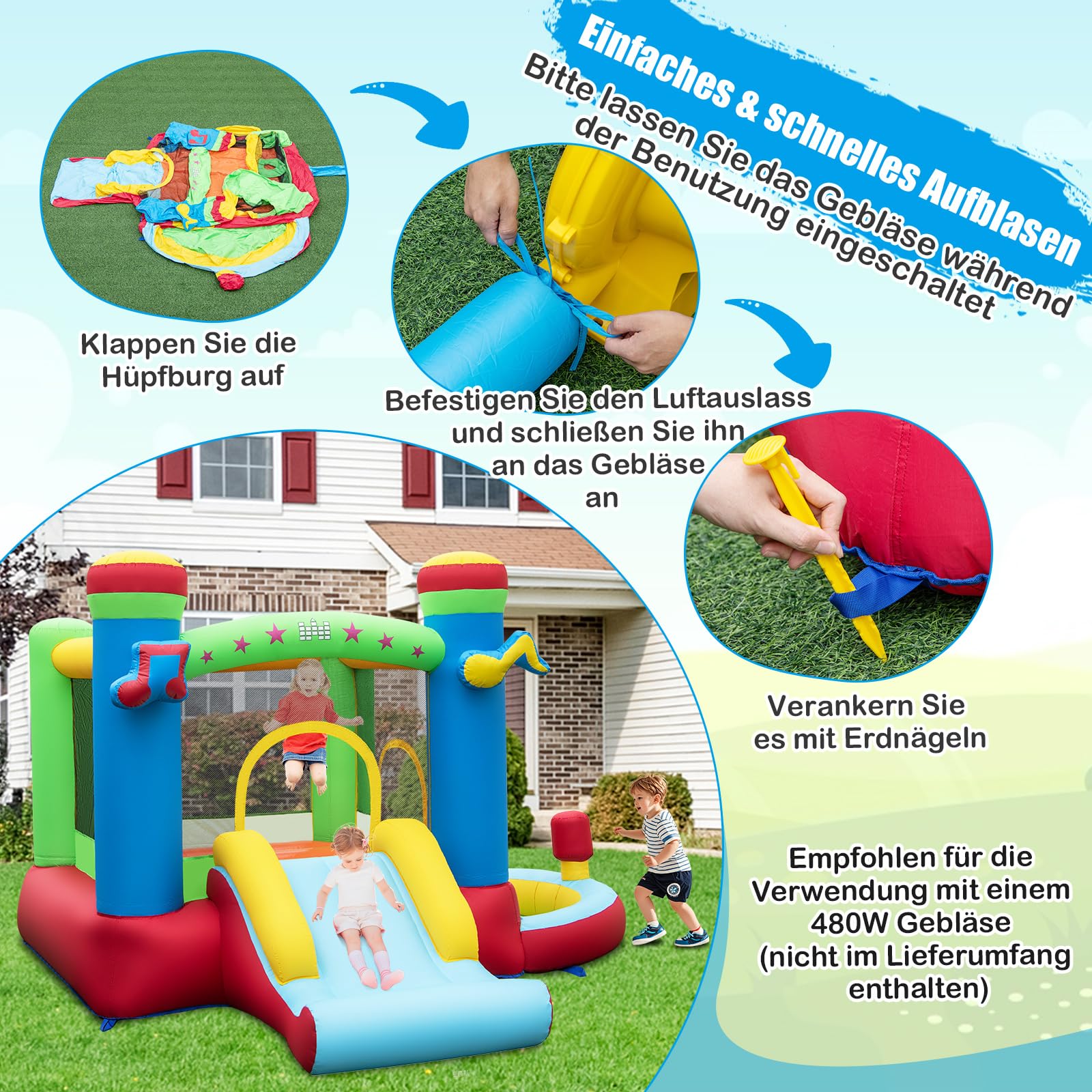COSTWAY Hüpfburg mit Rutsche, Sprungbereich, Basketballkorb, Bällebad und Boxbereich, für Indoor und Outdoor, inkl. Tragetasche, Reparaturset, 294 x 290 x 190 cm