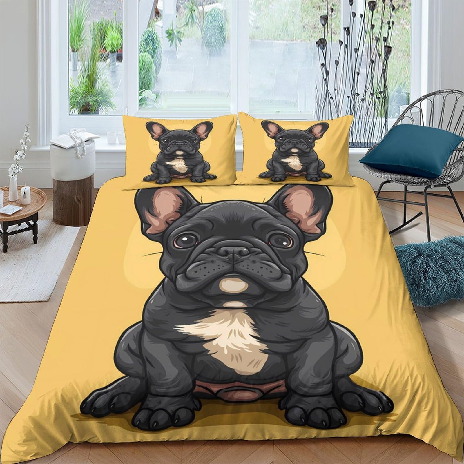 GPLZQXKJNH 3D Printed French Bulldog Cartoon Duvet Cover Microfiber Yellow Bedding Set with 2 Pillowcases, Breathable for Bedroom Décor Single（135x200cm）