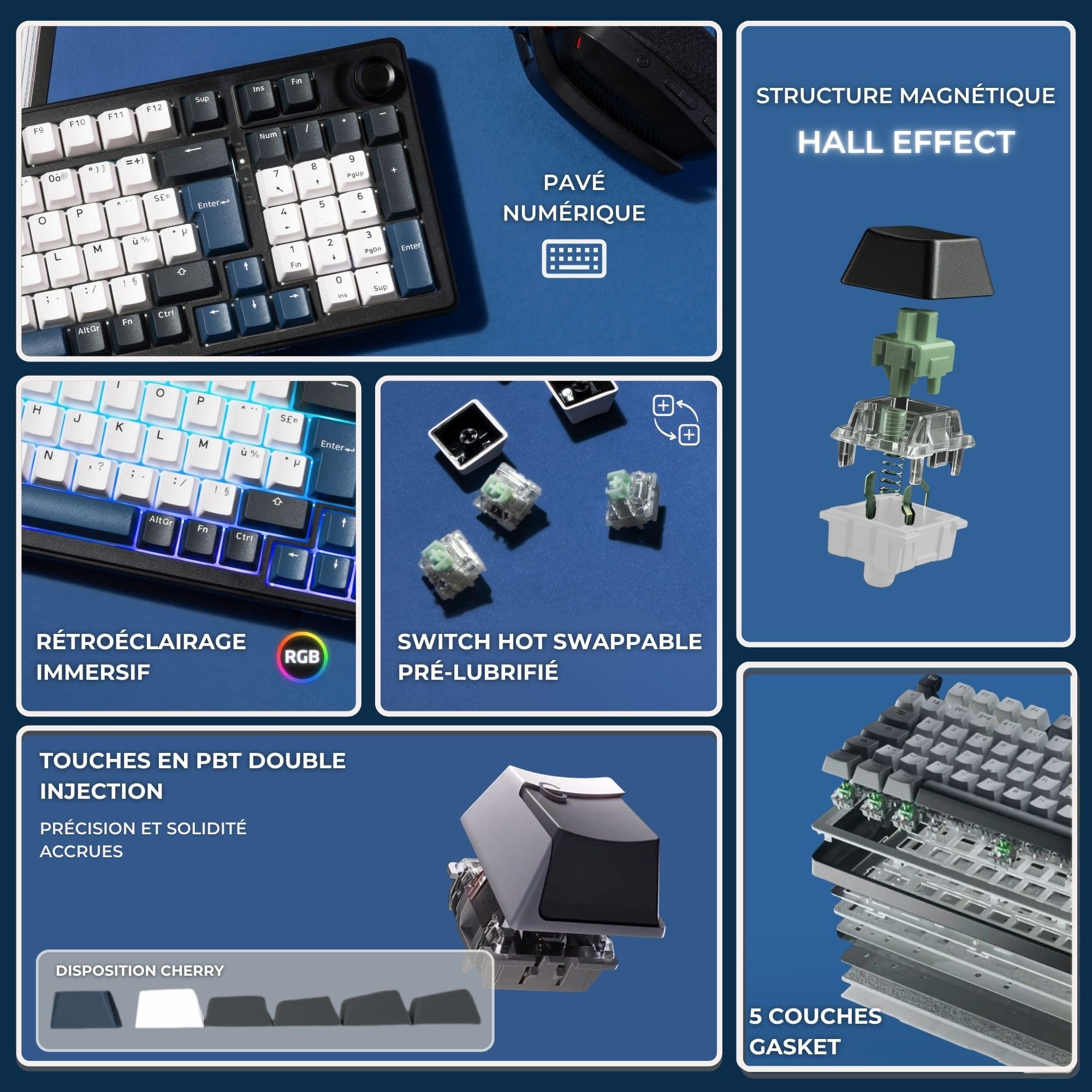 The G-Lab - KEYZ Elite 400 HE BB - Magnetyczna Klawiatura Gamingowa Hall Effect 96% AZERTY FR, Przewodowa USB, 8000 Hz Rapid Trigger, Regulowana Aktywacja 0,01 mm, PBT Hot-Swap, RGB i Makra - Win/Mac