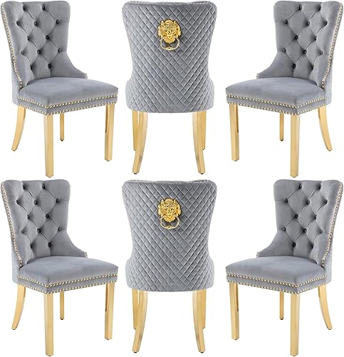 Miniatura 17 de Sillas de Comedor de Terciopelo Juego de 4, Colección Nikki Sillas de Comedor con Patas de Acero Inoxidable Dorado y Anillo Tirador de Cabeza de