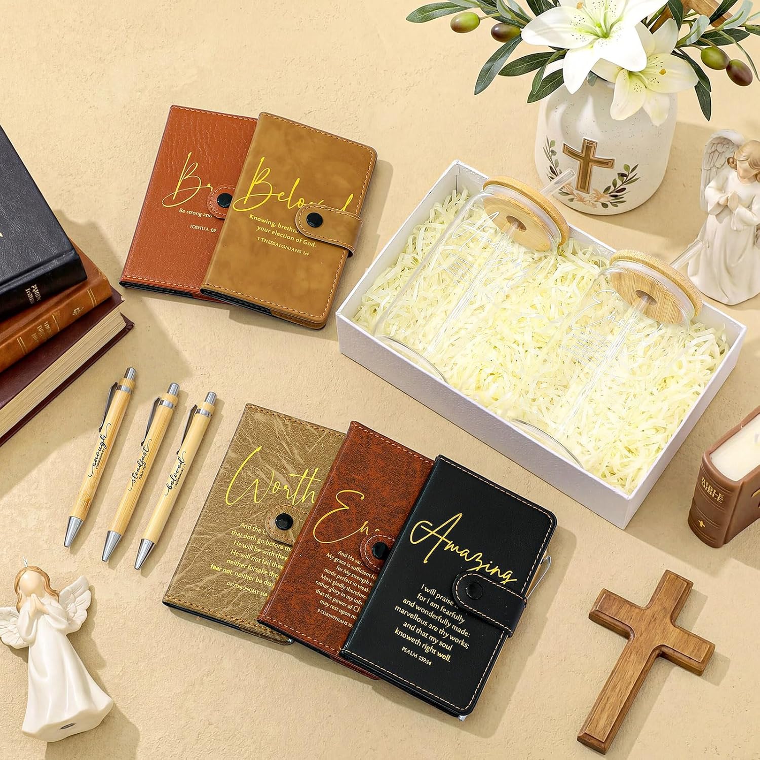 AmazingSpark Mothers Day Christian Gift Bulk for Women Men 16 Oz Glass Cups with Lid Straw Bible Notebook Leather Prayer Journal with Pen Religious Gift for Church Member(Bible Words,5 Colors,30 Pcs)