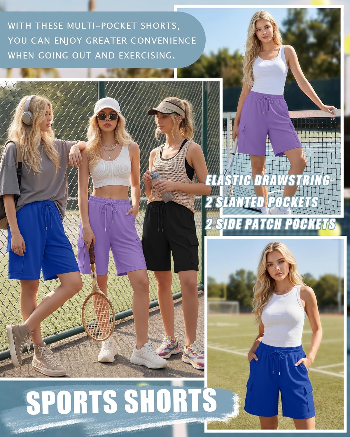 Neer 3 Pack Women's Bermuda Shorts Cargo Elastic Drawstring Knee Length Shorts Casual Loose Yoga SweatShorts with 4 Pockets - Image 4