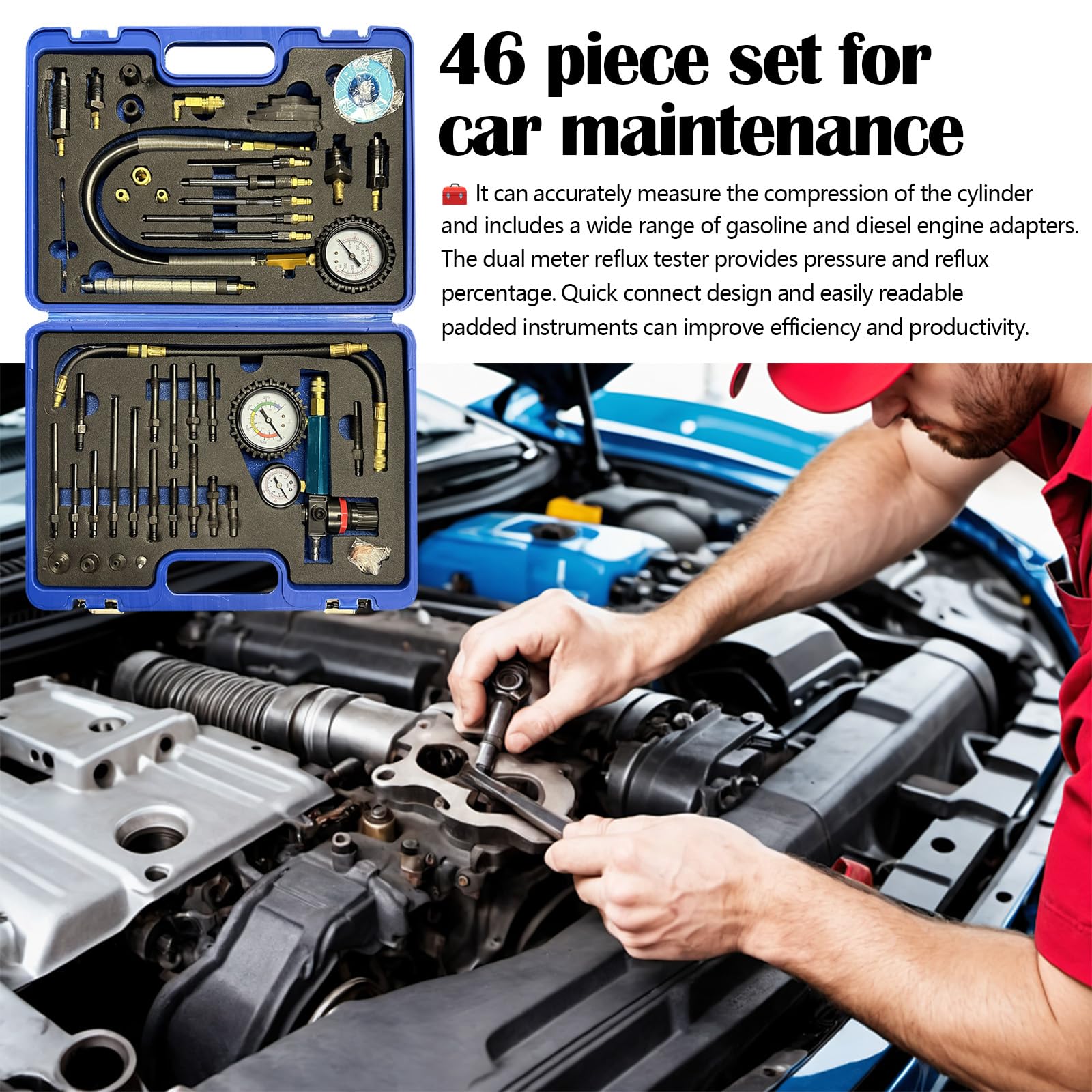Comprobador Compresión, Gasolina Diésel Comprobador Pérdida Presión Probador Motores Compatible Con Motores Gasolina Diésel Automóviles Camiones Autobuses Motores Agrícolas