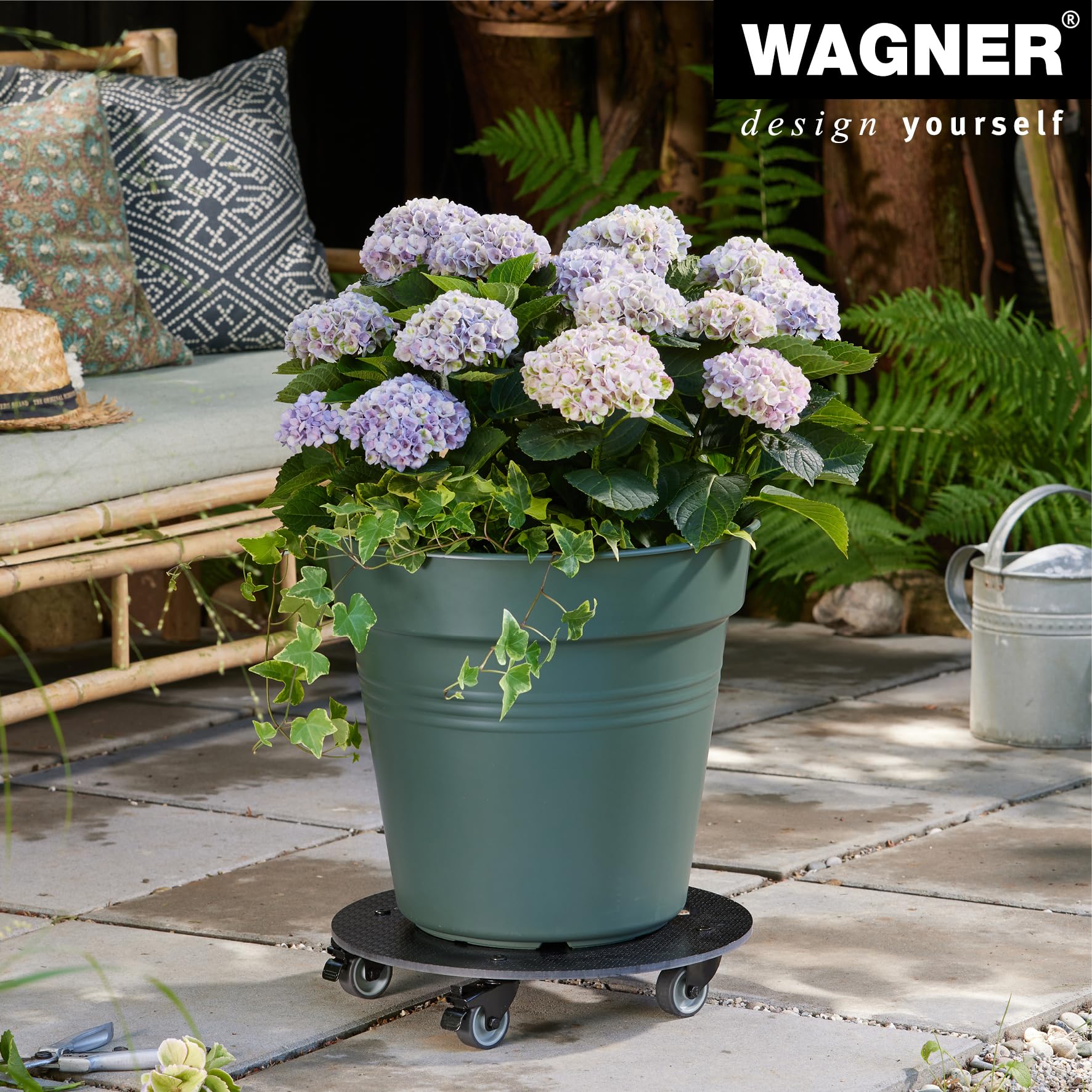 WAGNER Pflanzenroller HPL Black Ø 38 x 7,5 cm I Blumenroller für Außenbereich + Innenbereich I Kübelroller HPL I 2 Total-Feststeller I Tragkraft 100 kg I Made in DE - 20063001