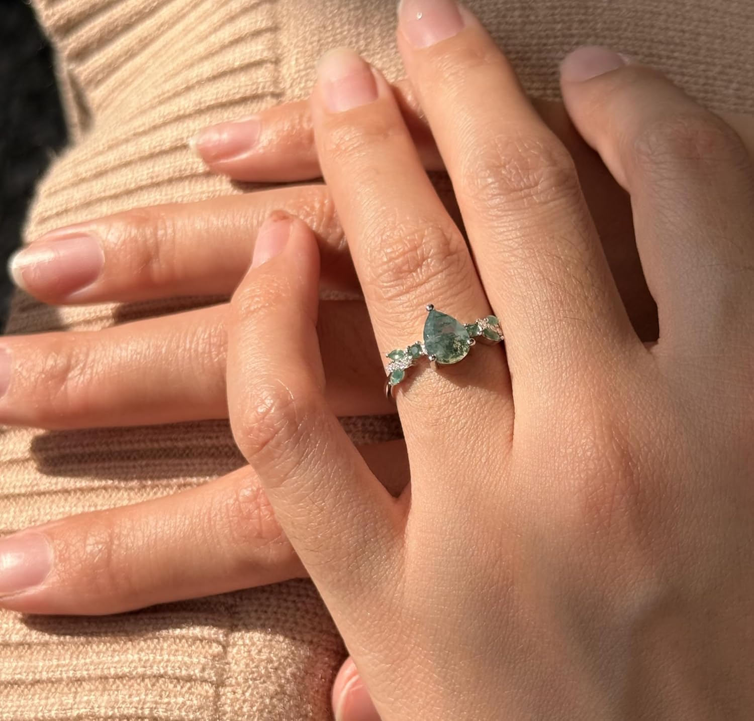 Moss Agate Ring,925 Sterling Silver Ring for Women 1CT Pear Cut Women's Ring for Engagement Jewelry Size5-9