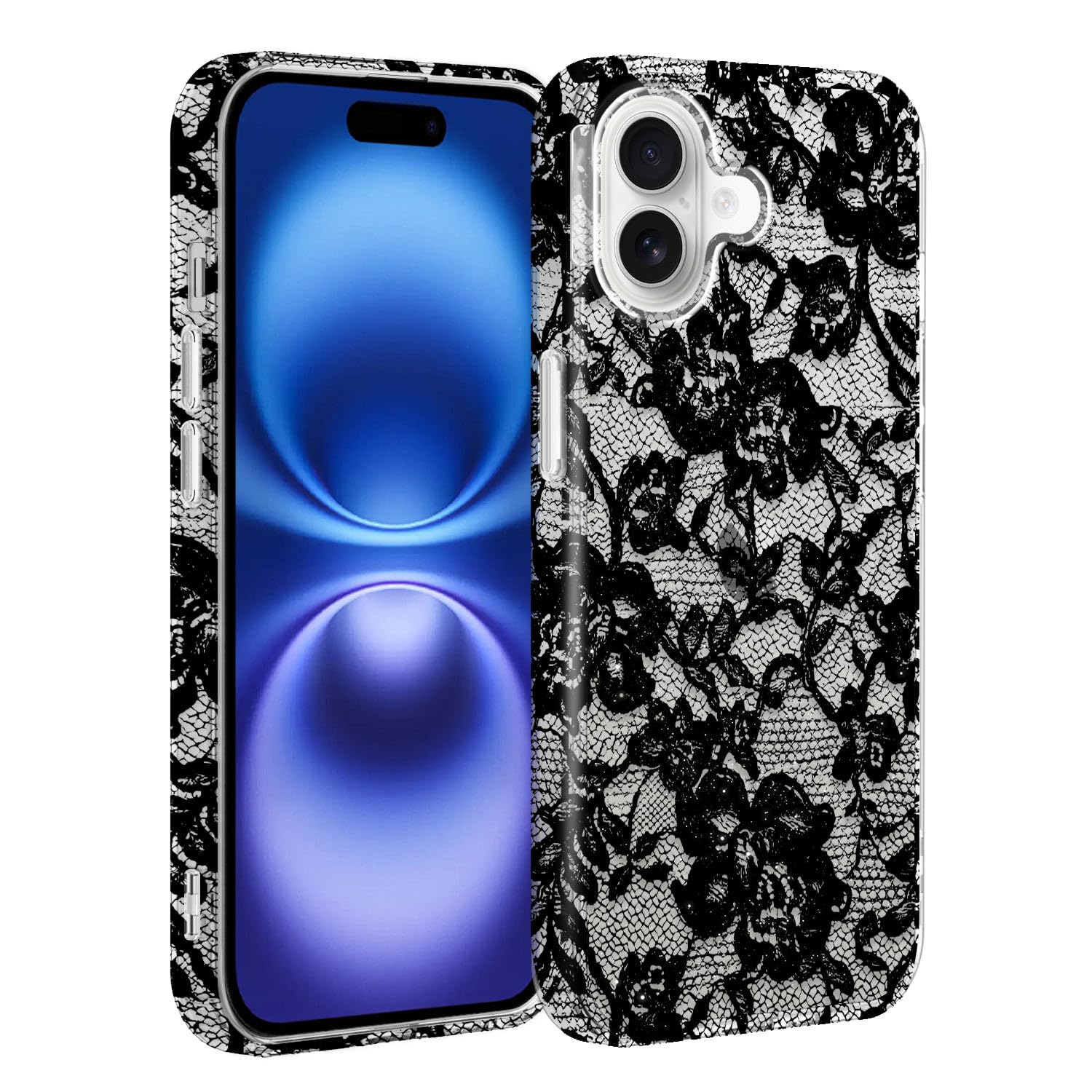 XTCASE für iPhone 16 Hülle, Aesthetic Spitze Muster Frauen Mädchen Luxuriös Glitzer Bling Case Transparent Handyhülle Kratzfeste PC Rückseite + TPU Bumper Stoßfest - Schwarz