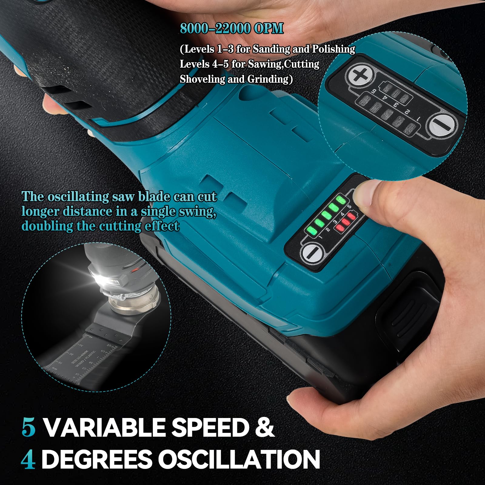 Multiherramienta oscilante inalámbrica para batería Makita de 18 V, ángulo de oscilación de 4° sin escobillas, 5 velocidades variables, cambio de hoja sin herramientas para lijar, cortar, raspar