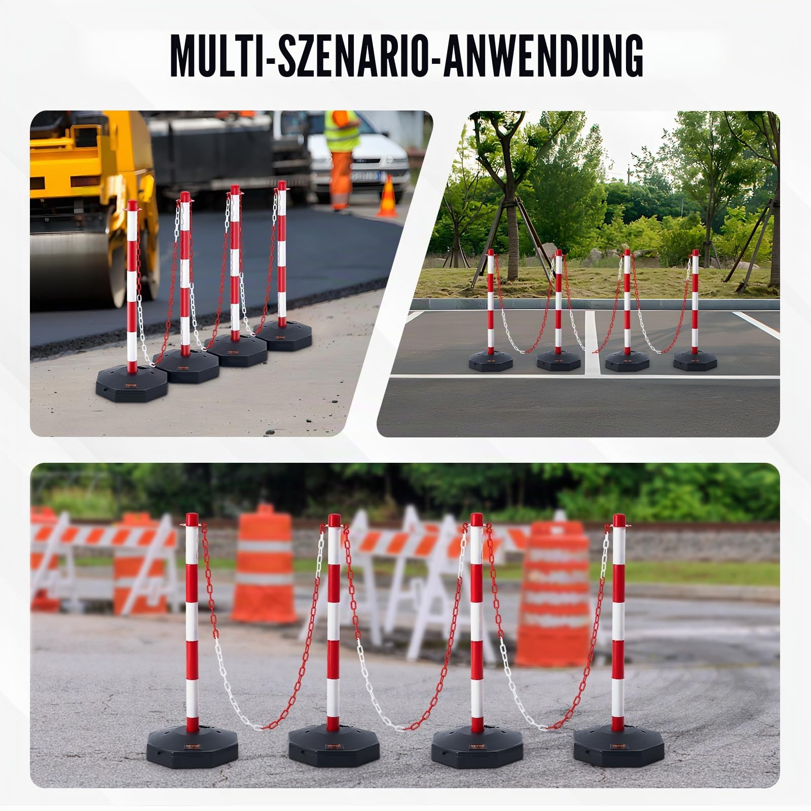VEVOR Set von 4 Absperrpfosten und 1 Kunststoff-Kette von 10 m Rot und Weiß, Sperrpfosten, Poller Aus PE-Kunststoff für die Verkehrskontrolle oder Warnung an der Auffahrt, Garage, dem Tor usw. Rot