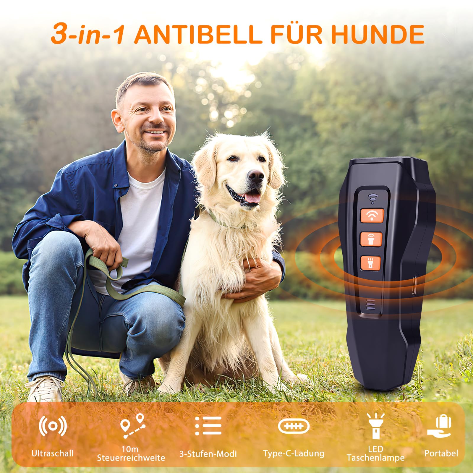 Antibell für Hunde - Ultraschall Hundegebell Stopper mit 3 Einstellbaren Frequenzen Anti Bell Gerät Hunde 30 Fuß Reichweite Anti Bellen Funktion für Innen & Außengebrauch