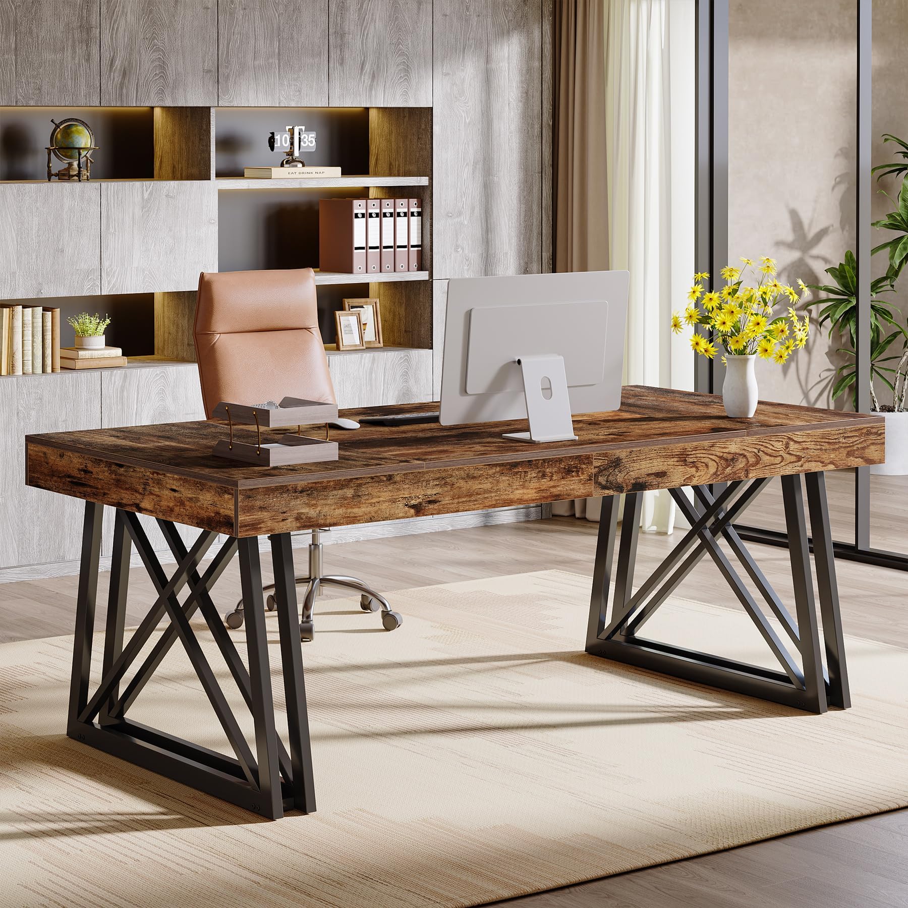 Tribesigns 63-Inch Executive Desk, Farmhouse Office Computer Desk with Sturdy X-Shaped Legs, Large Writing Table Business Furniture Workstation for Home Office, Study (Rustic Brown & Black)