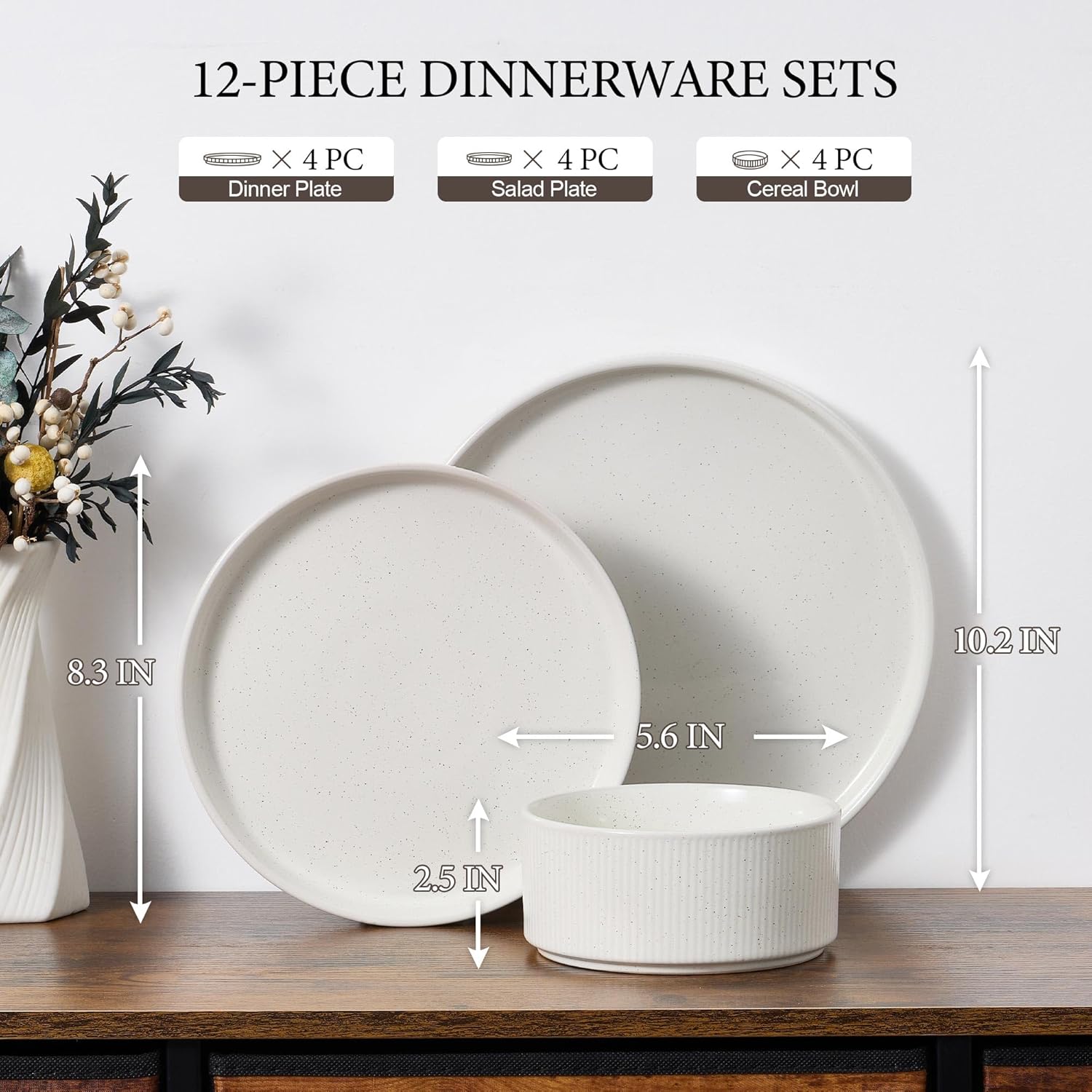 E-far 12-Piece Plates and Bowls Sets, Stoneware Dinnerware Dishes Sets for 4, Kitchen Modern Dining Dishware, Chip & Scratch Resistant, Microwave & Dishwasher Safe, Speckled White 12 Speckled White