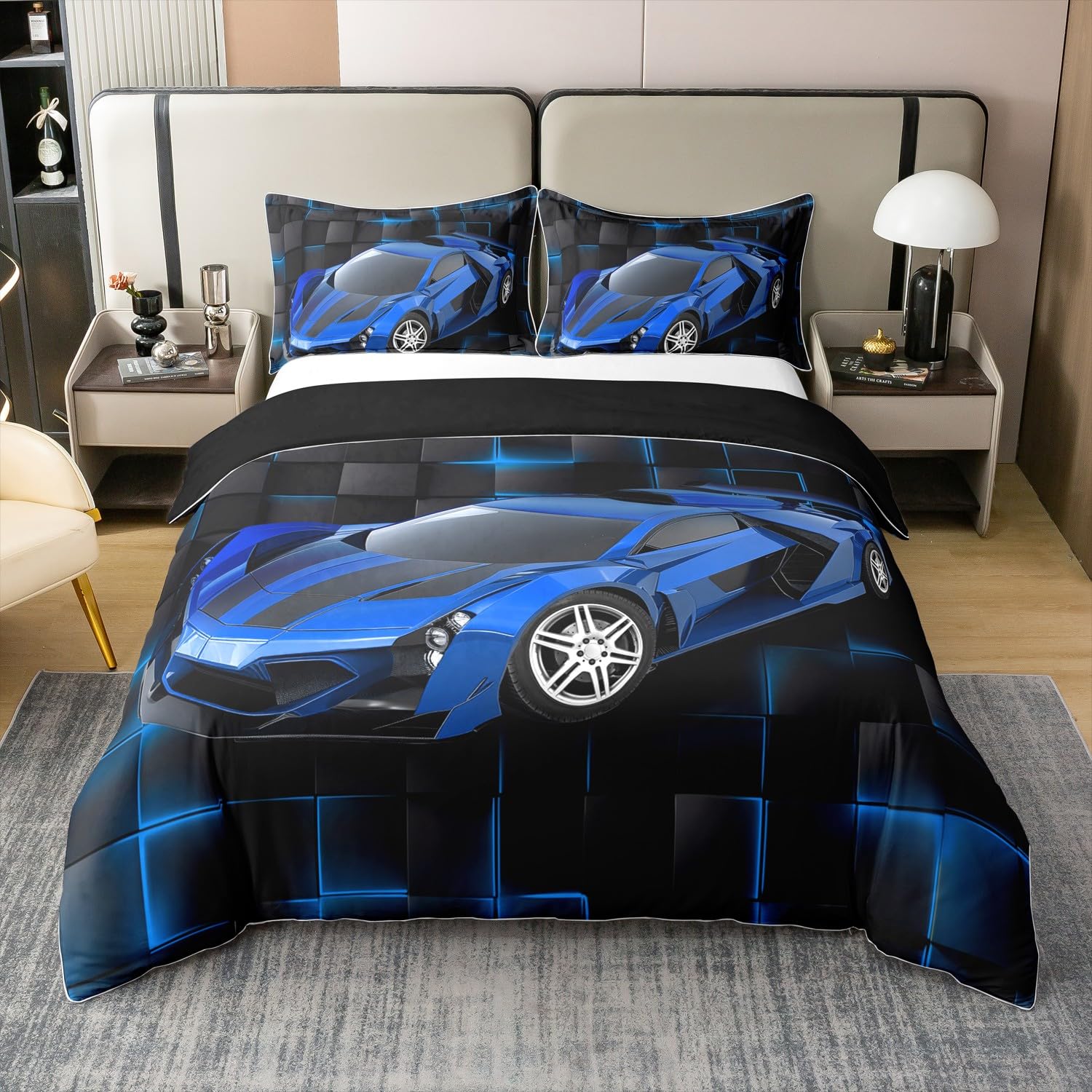 Homemissing Blue Race Car Duvet Cover Set 100% Cotton King Speed Sports Car Bedding Set Boys Decor Geometric Honeycomb Comforter Cover Set Extreme Sports Bedspread Cover No Comforter