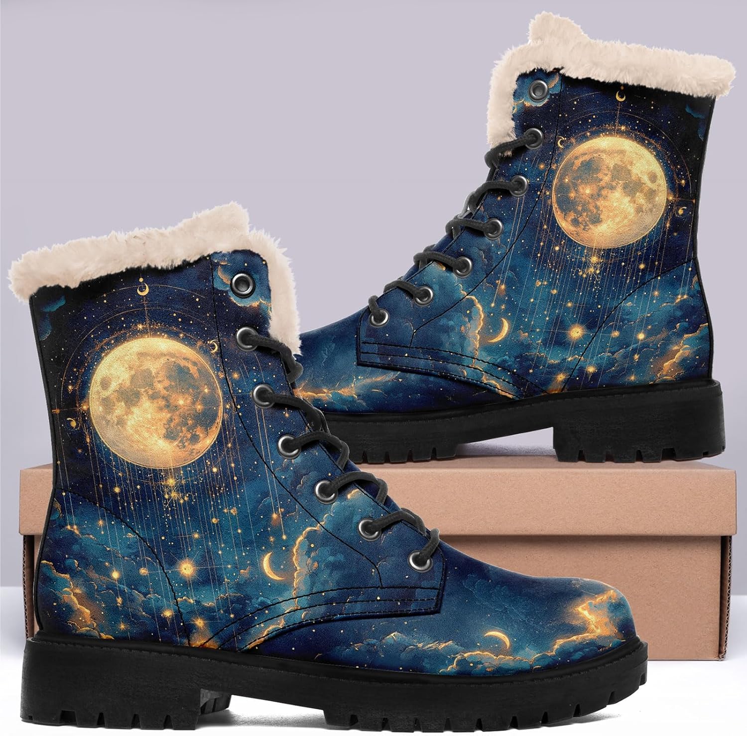 Women's Sun and Moon Winter Boots Celestial Faux Leather Ankle Boots Warm Fur Lining Non-Slip Boho Lace-Up Snow Booties - Image 5