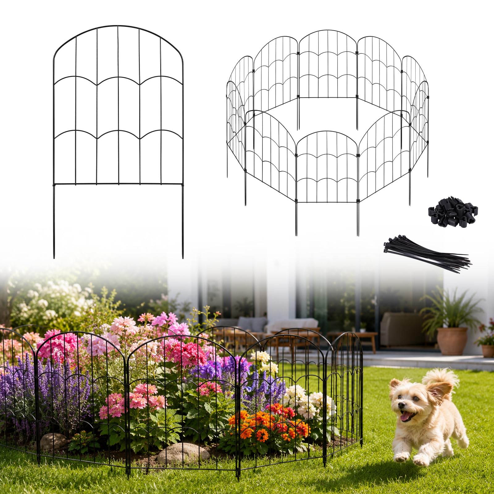Decorative Garden Fence,Total 10ft(L) x 24in(H) Garden Fencing Animal Barrier for Rabbits and Dogs, 10PCS Rustproof Metal Fence Panels, Black No Dig Arch Fences and Borders for Flower Bed, Patio