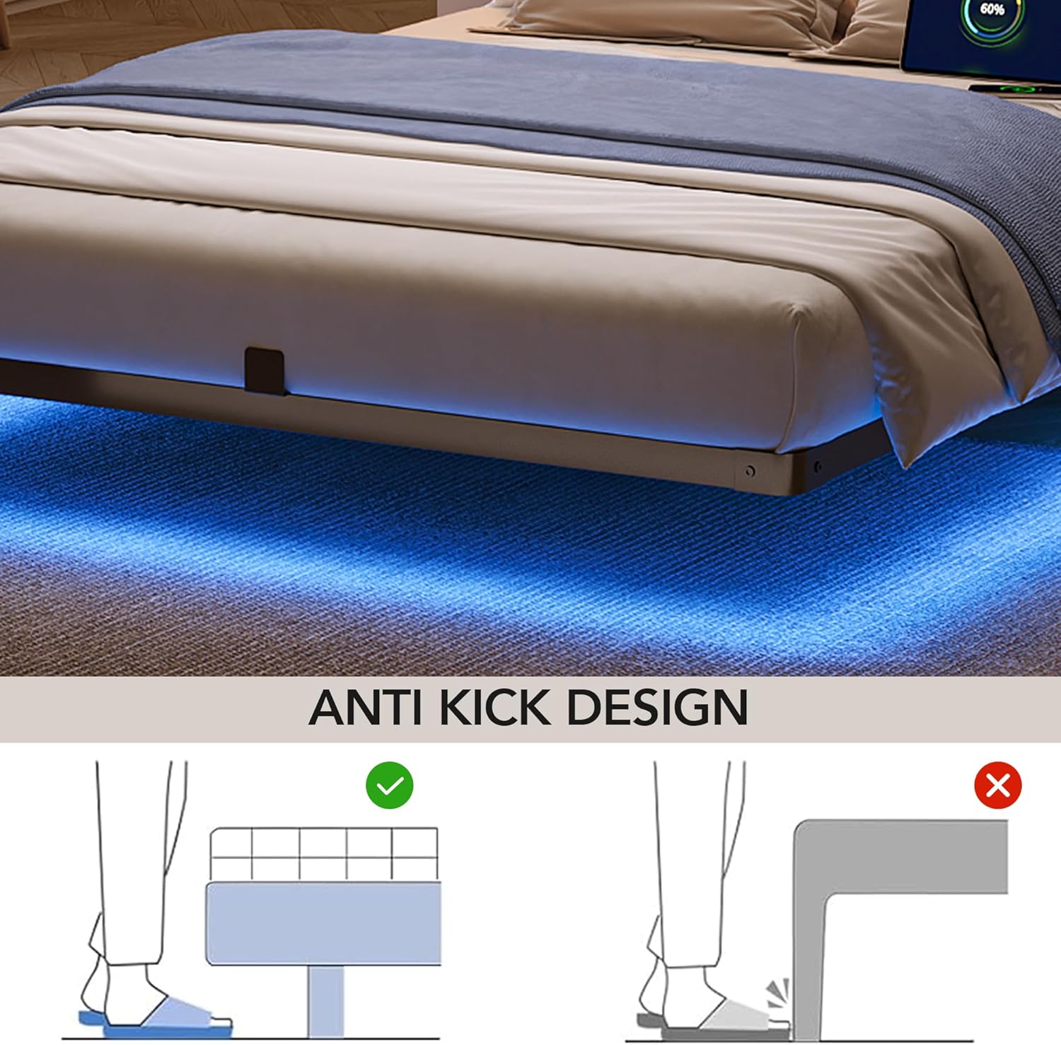 Decofy Queen Size Floating Bed Frame with LED Lights and Charging Station, Modern Minimalist Design, No Spring Mattress Required, Easy to Assemble