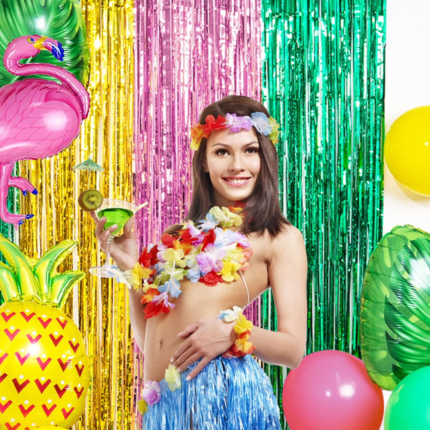 Hawaiian Aloha Luau Party Decoration, 2 Pack Green Pink Gold 3.3 x 6.6ft Foil Fringe Curtains Tinsel Photo Booth Props Streamers Backdrop for Hawaiian Tropical Summer Luau Beach Party Decorations