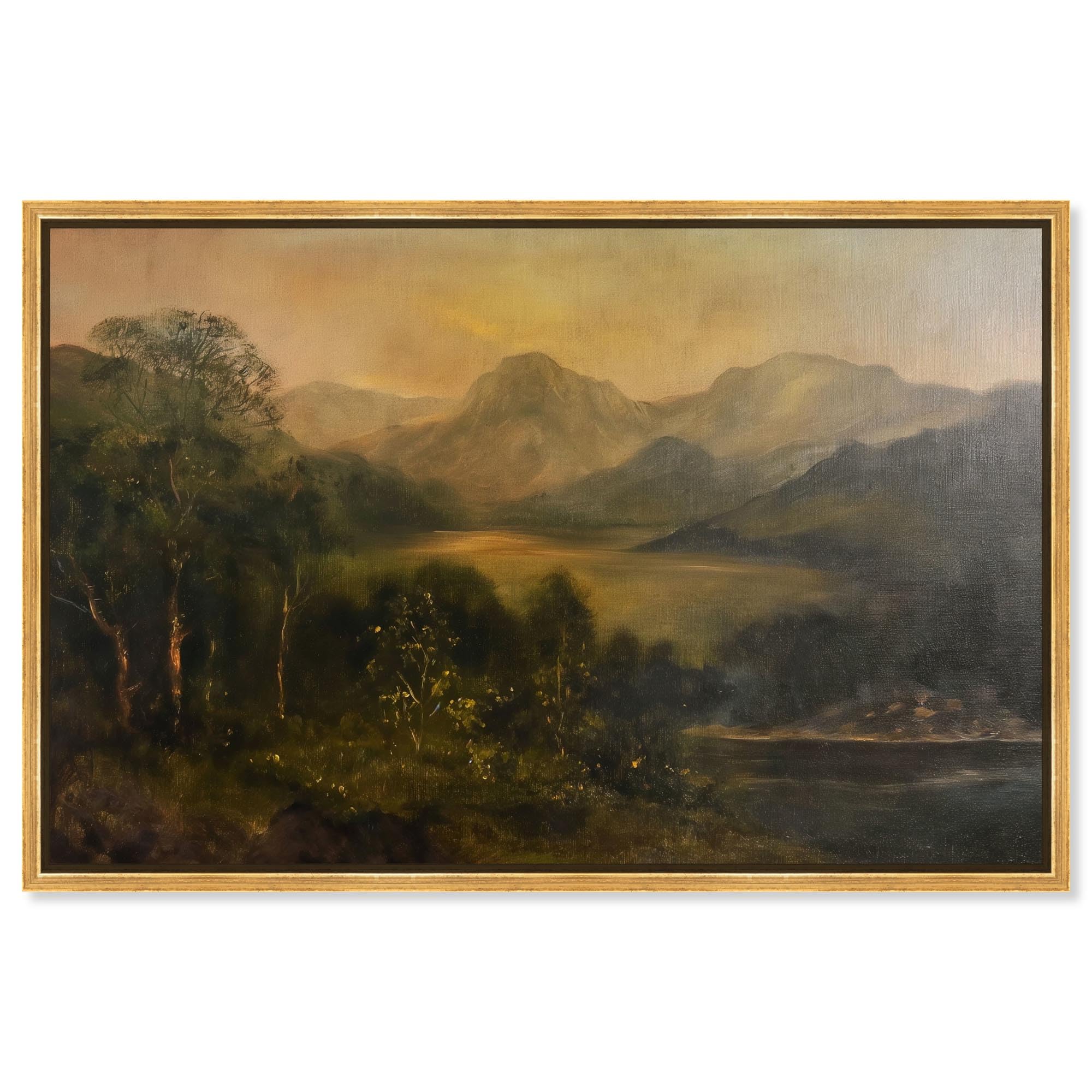 Condition photo showing New/Like New for art remedy highland hues canvas classic landscape, gold frame, 54 x 36