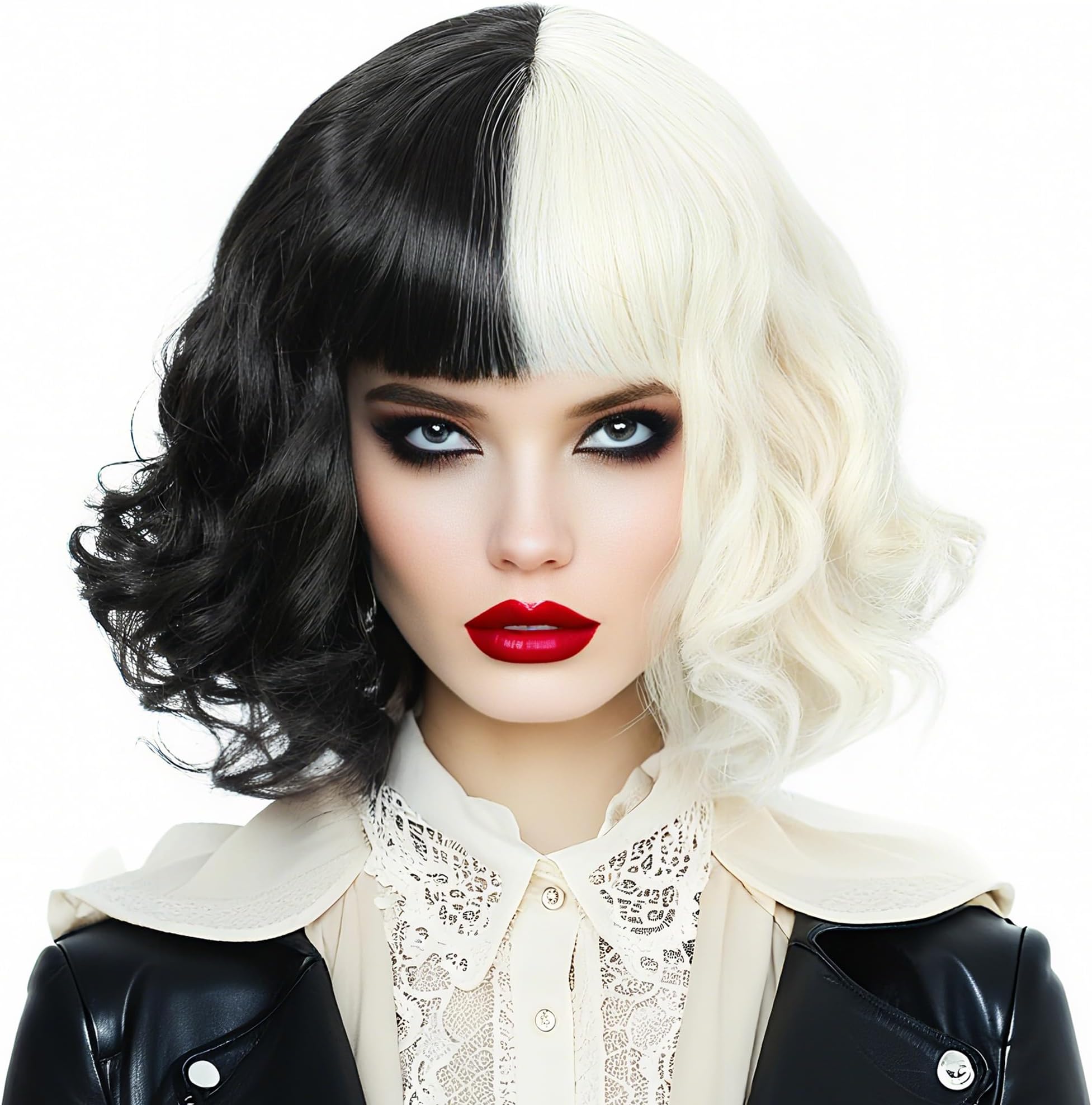 Linfairy Short Anime Hair Halloween Costume Cosplay Wig for Women (Half Blonde Black)