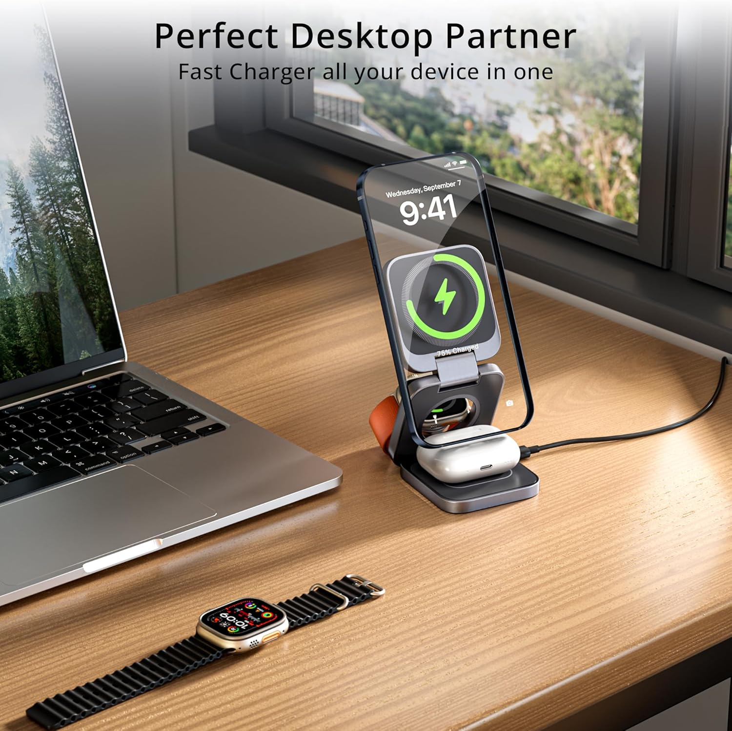 3-in-1 Wireless Charger Stand, LULULOOK 15W Magnetic Charger Wireless Fast Charging Station for iPhone 16/15/14 Series, Aluminum 5W Charger for Apple Watch, AirPods, USB-C Charging Cable Included - Image 6