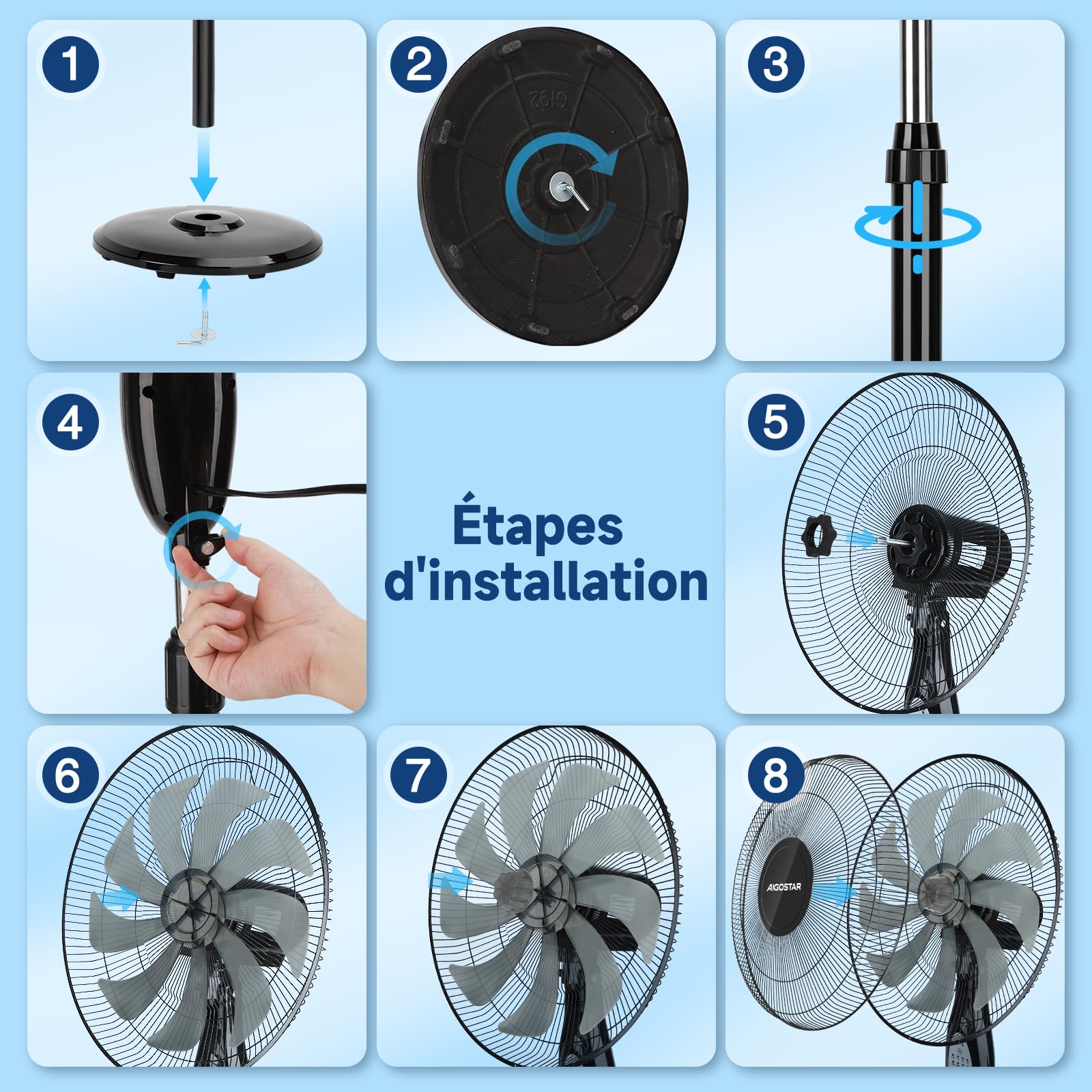 Aigostar Ventilateur sur pied silencieux, 9 pales, télécommande, 3 vitesses, 3 modes, minuterie de 7,5 heures, oscillant à 80°, ventilateur à hauteur réglable, base antidérapante, 60 W, Carr